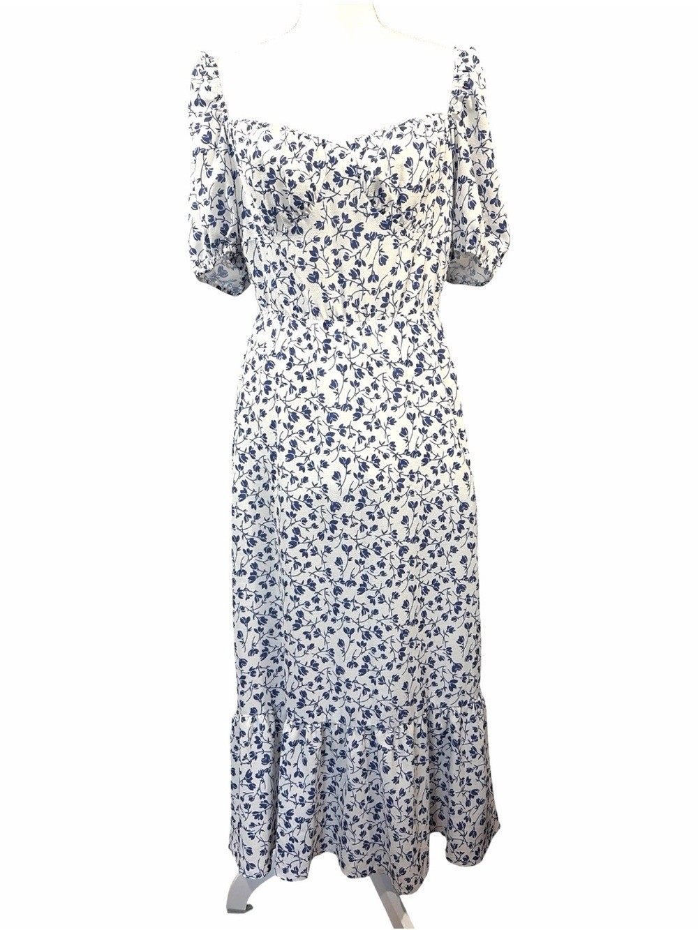 Commense Blue Square Neck Puff Sleeve Floral Cloud Midi A-Line Dress Size Large
