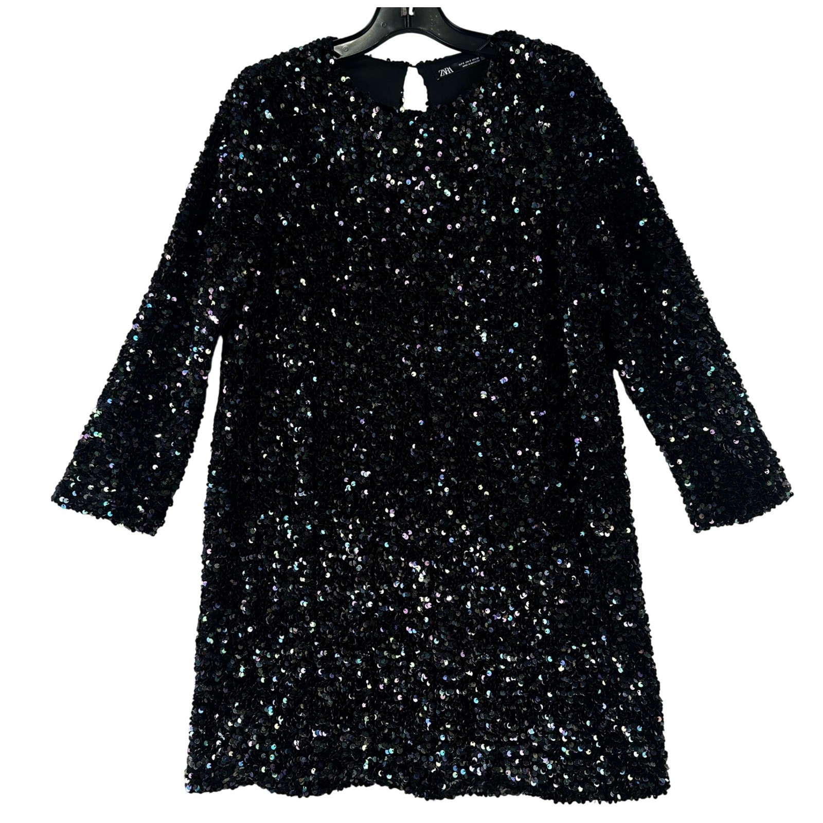 Zara Sequin Shift Mini Dress Womens Small Black Iridescent Party Glam