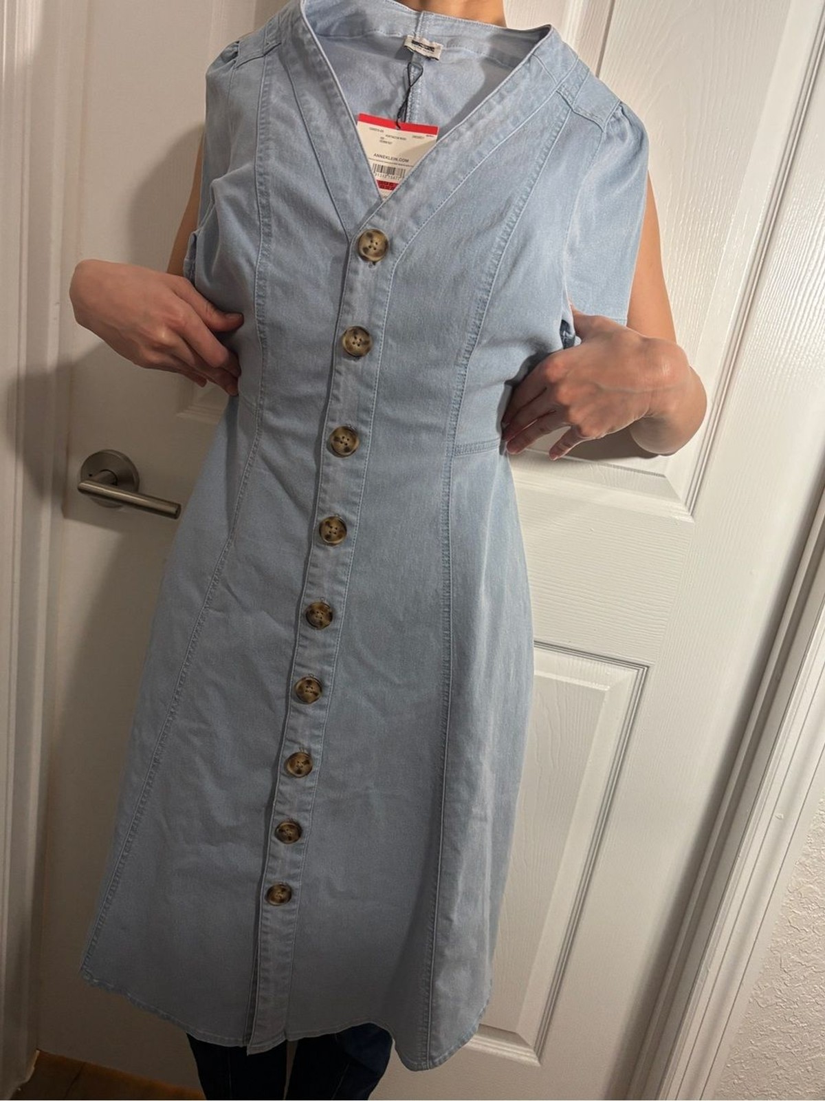 Anne Klein Chambray Midi Dress XS NWT Button Front Stretch Cotton Preppy