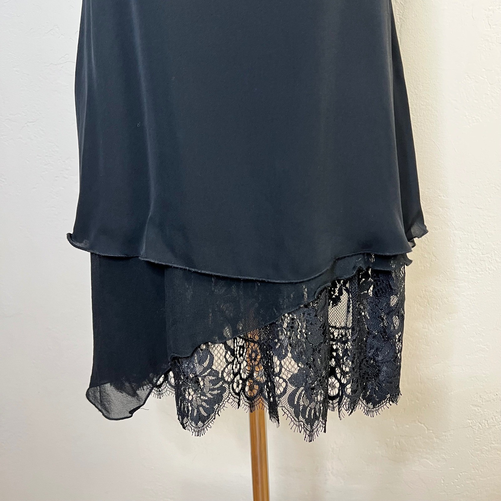 Alice + Olivia Dress 100% Silk Black Lace Trim Asymmetrical Mini Slip Size XS