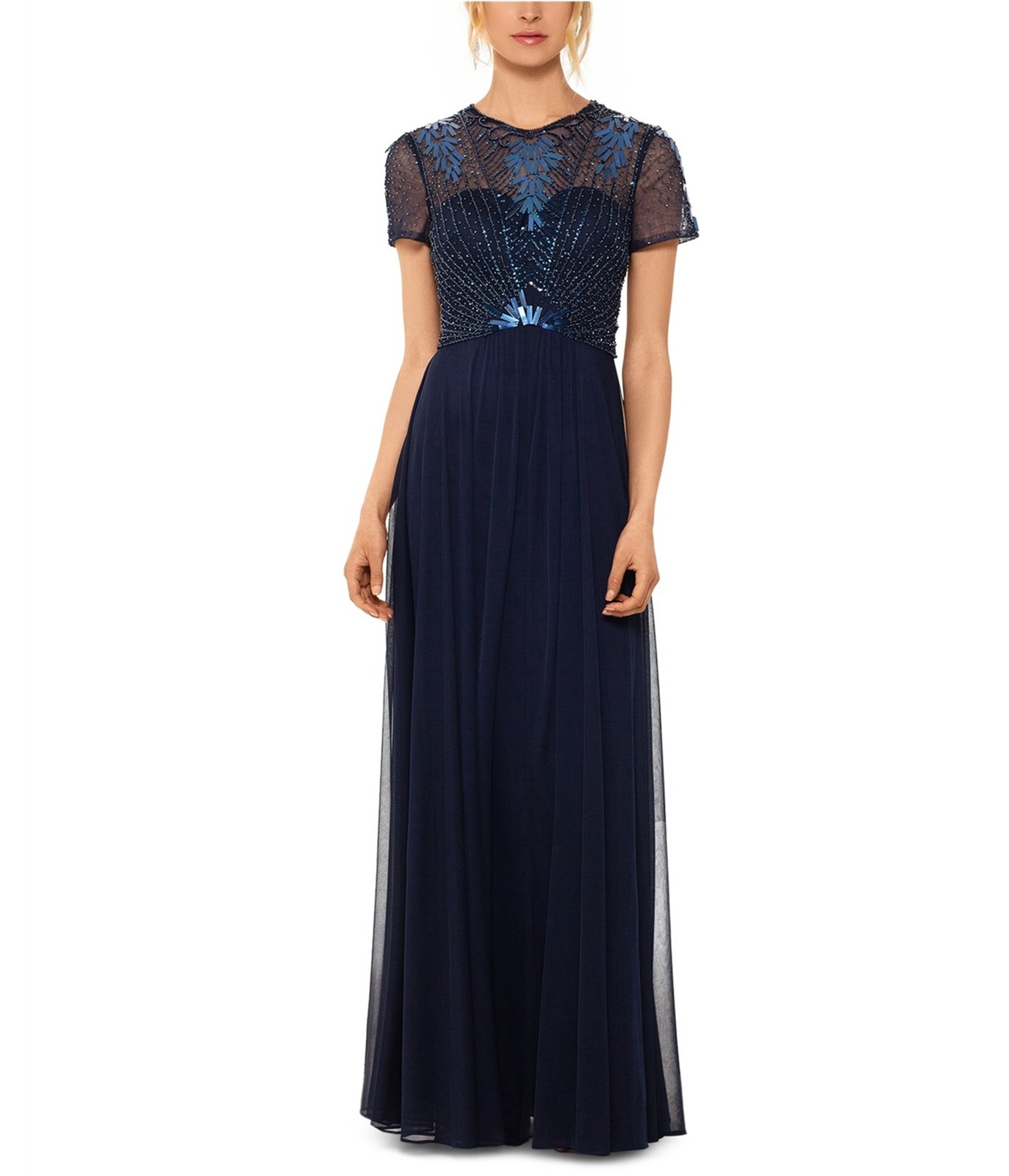 Betsy & Adam Womens Embellished-Bodice Gown A-line Dress, navy, 4