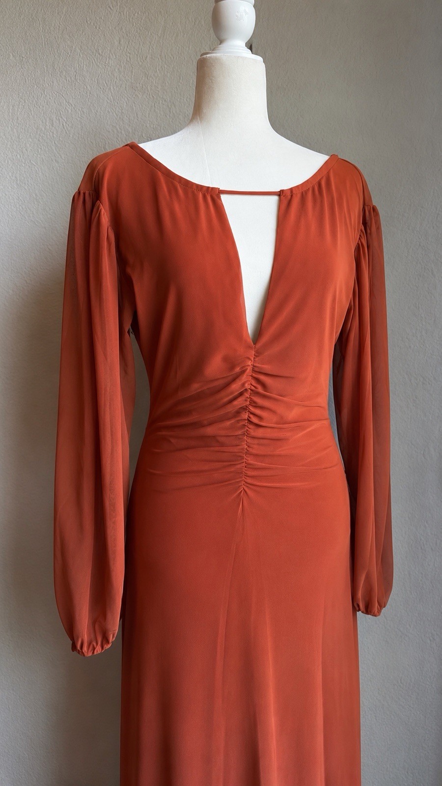 Acoa Rust Burnt Orange Mesh Sleeve Ruched Maxi Dress Open Back Size Small