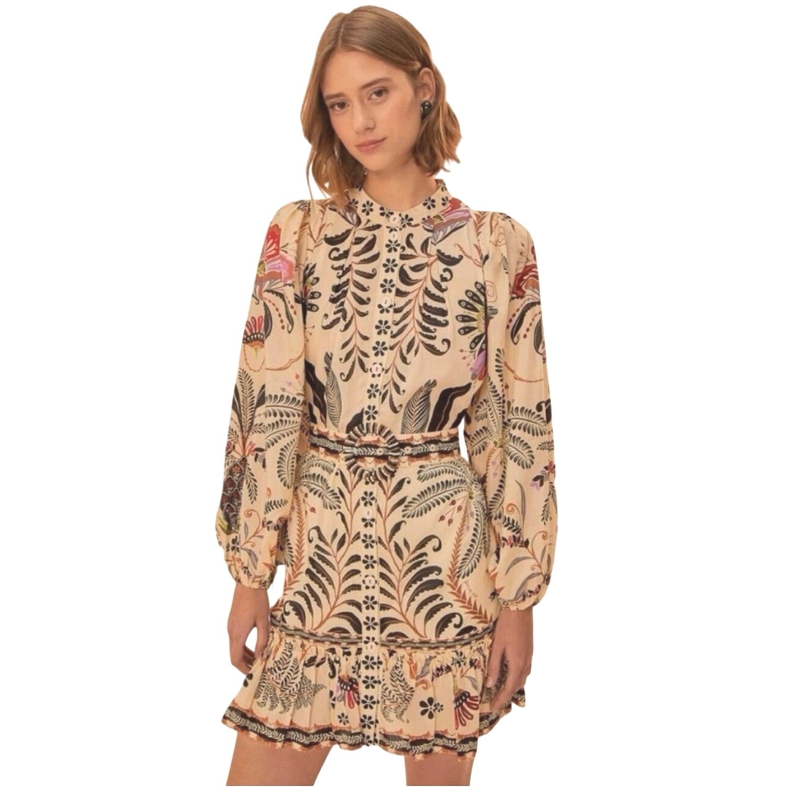 Farm Rio Women’s Classic Nature Sand Mini Dress Long Sleeve Sand Size M NWT