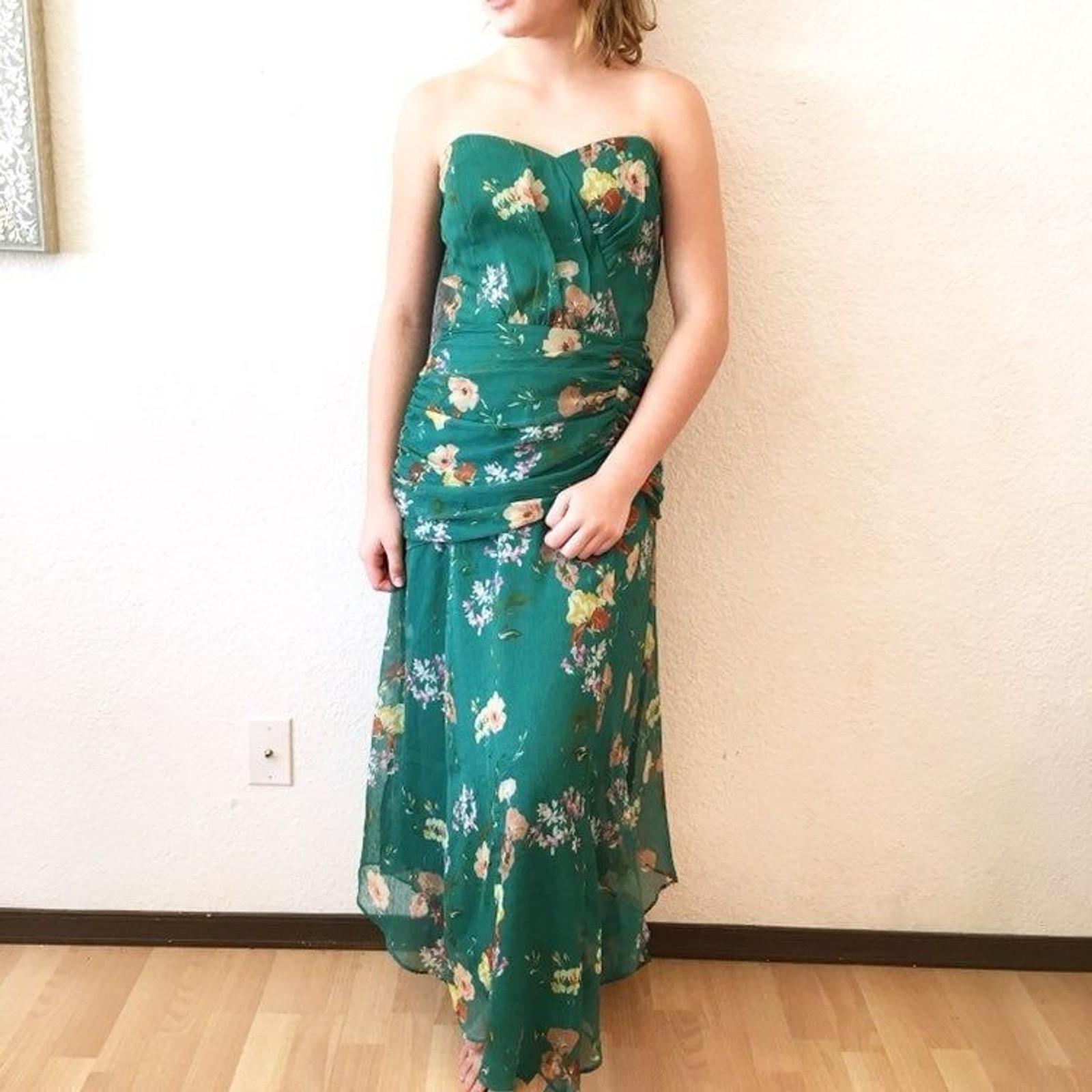 Harlyn Green Floral Strapless Sweetheart Drape Waist Maxi Summer Cocktail Dress