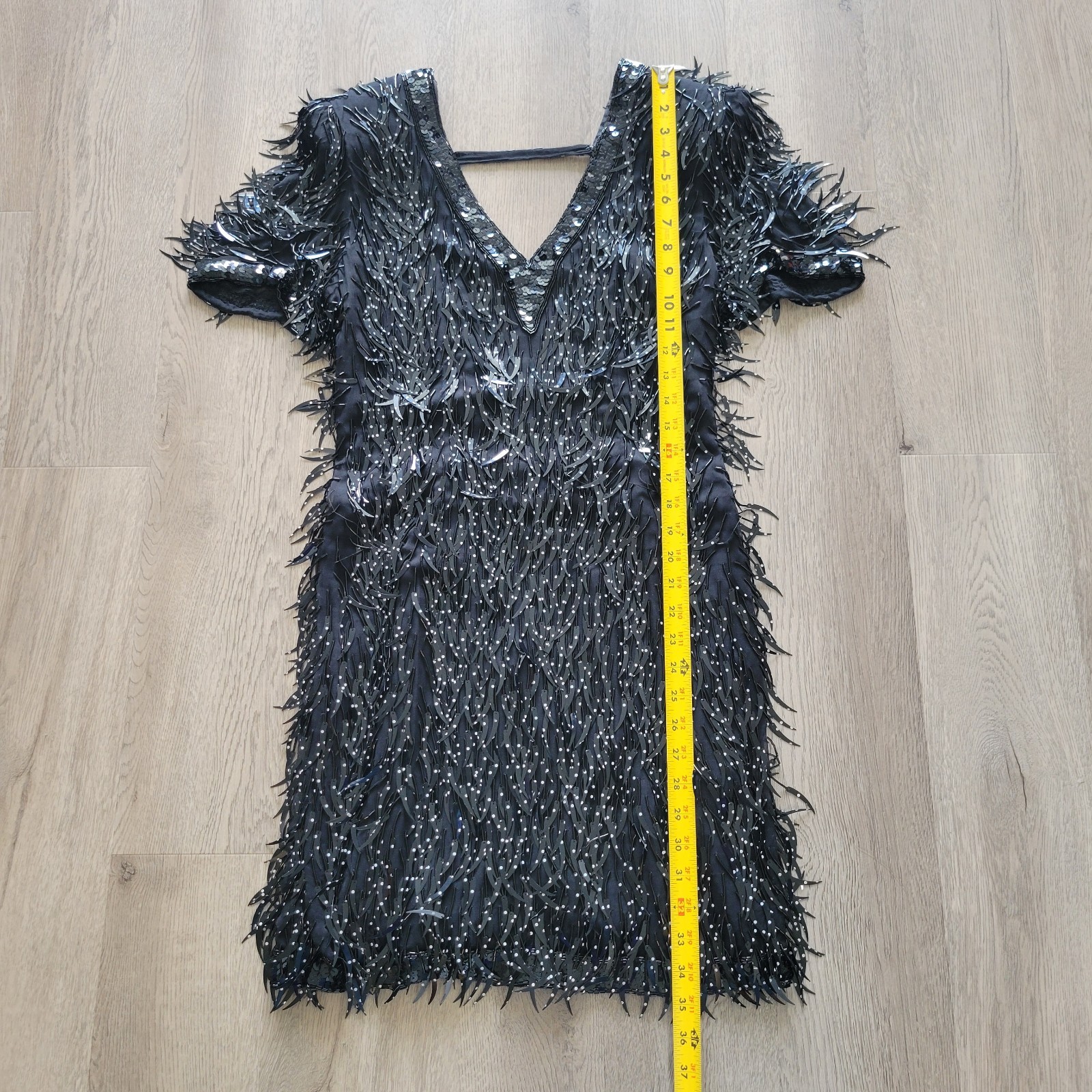 Vintage 100% Silk Black Polka Dots Sequined Beaded Fringe V-neck Dress Sz Medium