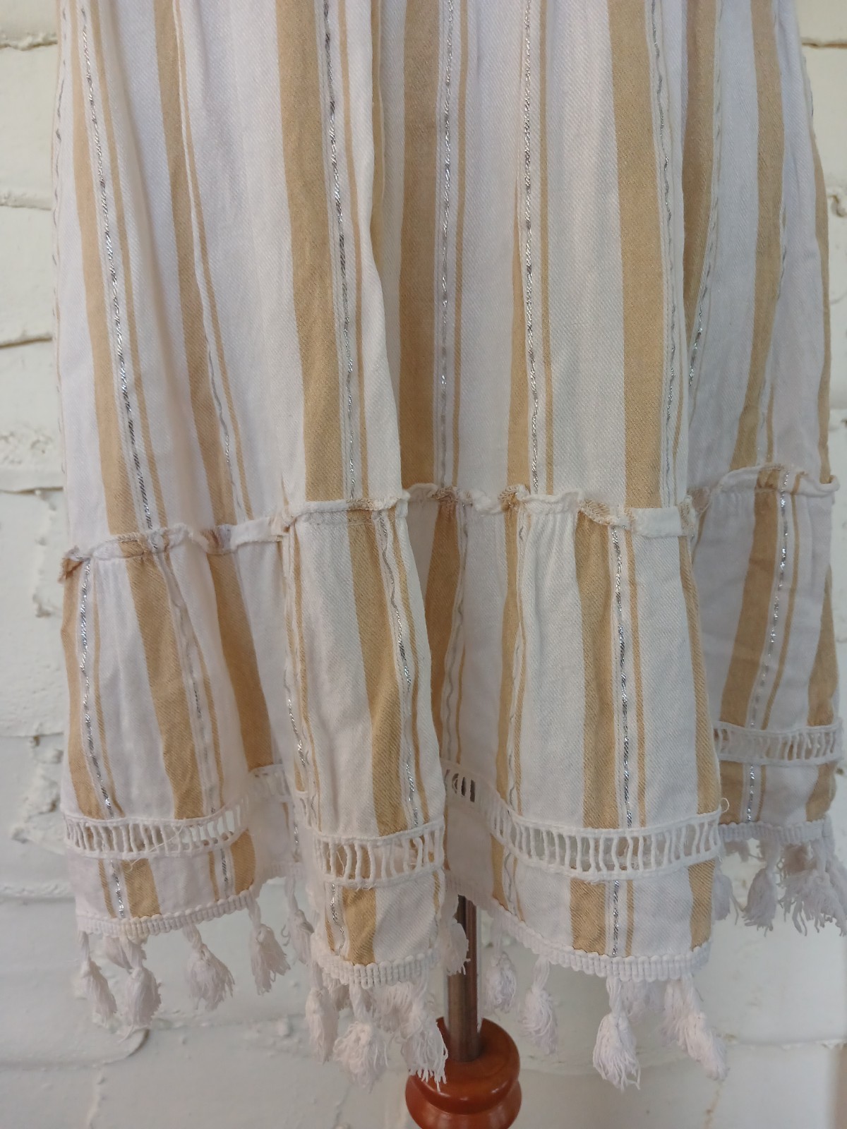 Blue Island Stripe Ruffle Smoked Strapless Boho Mini Dress Size M Fringe Festive