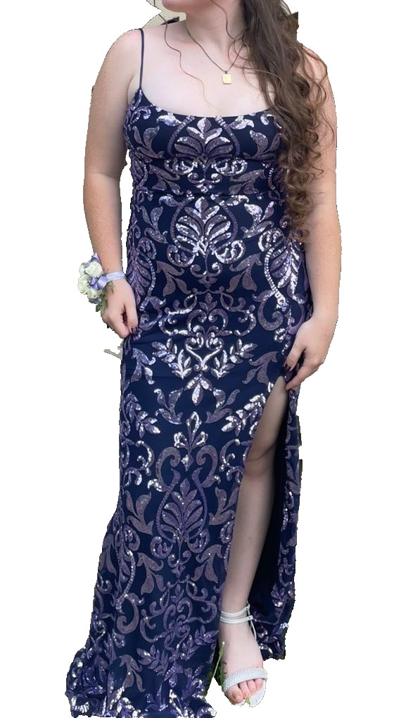 Women’s Navy/Silver Sequin Floral Maxi Ball Gown Dress Size 8 Backless Slit