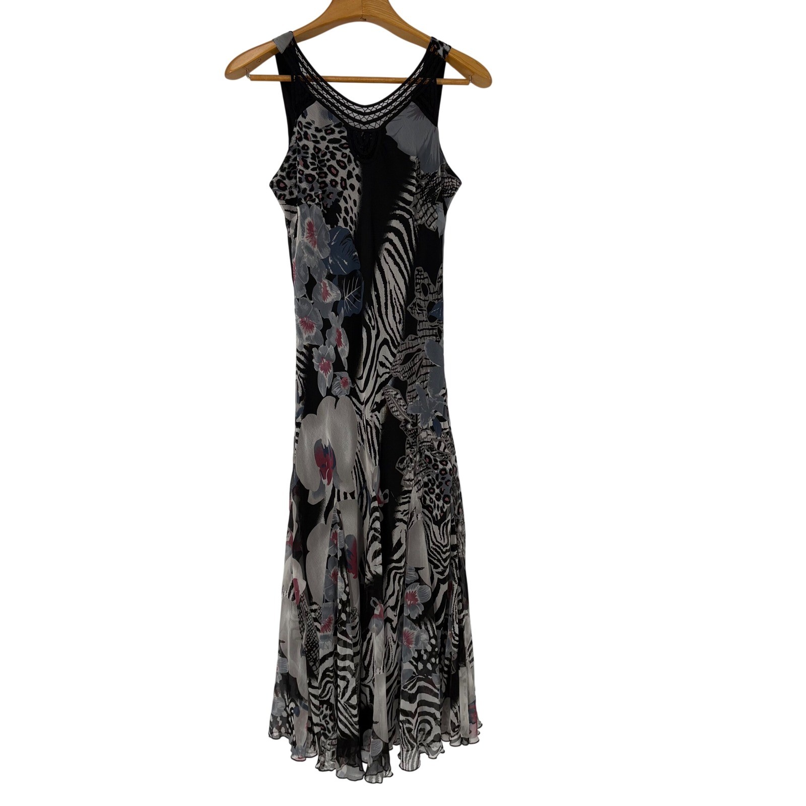 Y2K Midnight Velvet Mix Print Lattice Neck Midi Dress L Whimsigoth Lettuce Hem