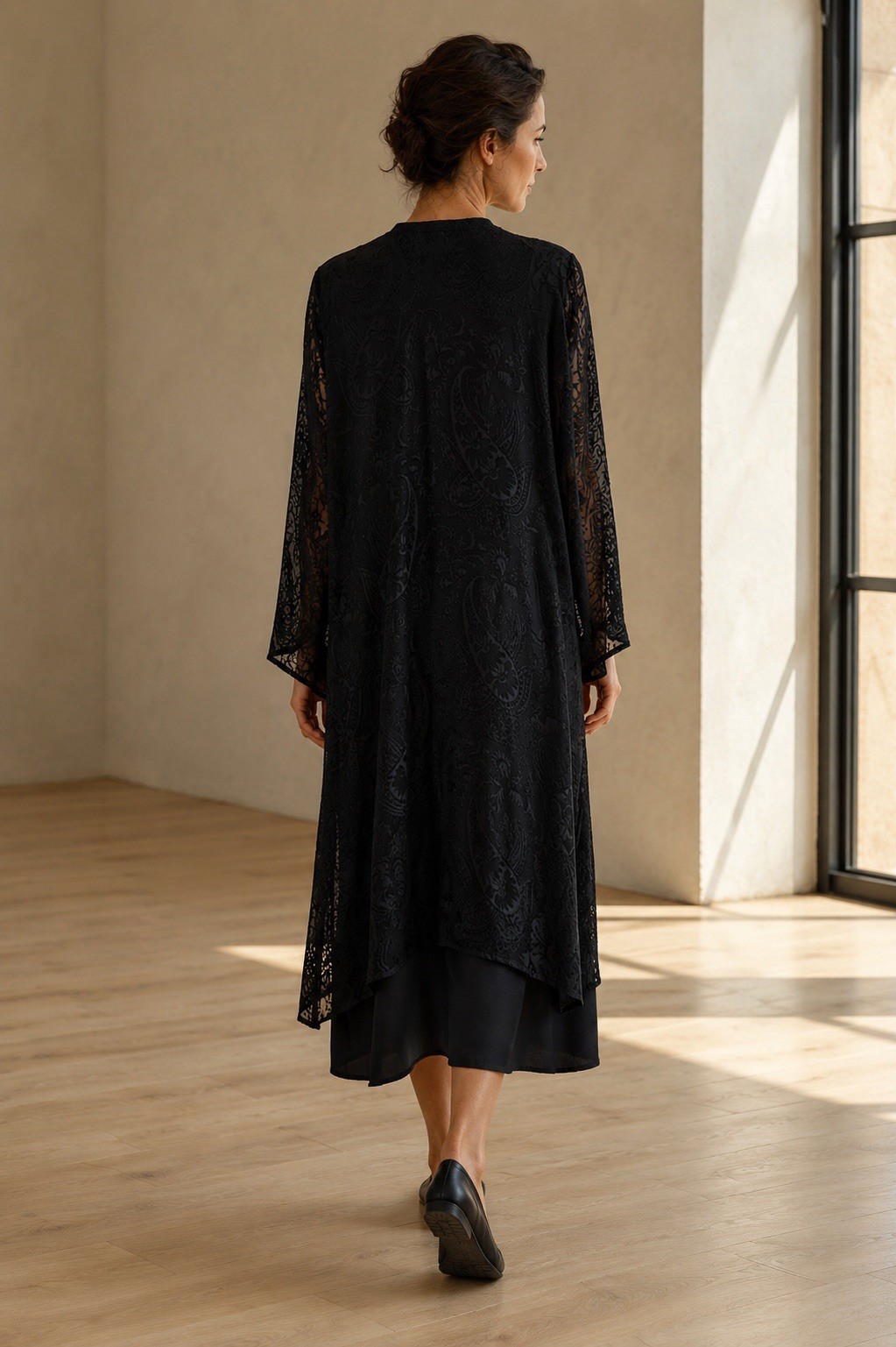 Eskandar Black Silk Blend Devore A-Line Dress Size 2 Layered
