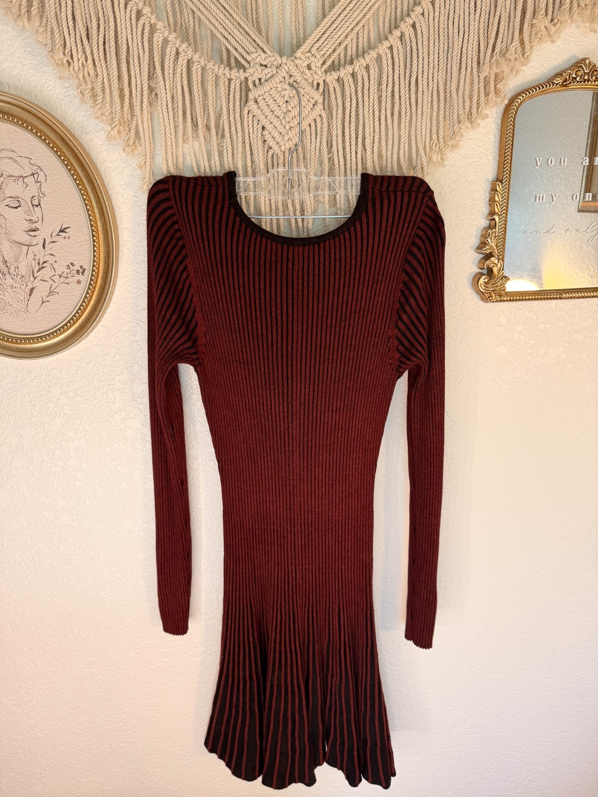 Express Burgundy Ribbed Knit Sweater Dress Long Sleeve Fit & Flare Medium