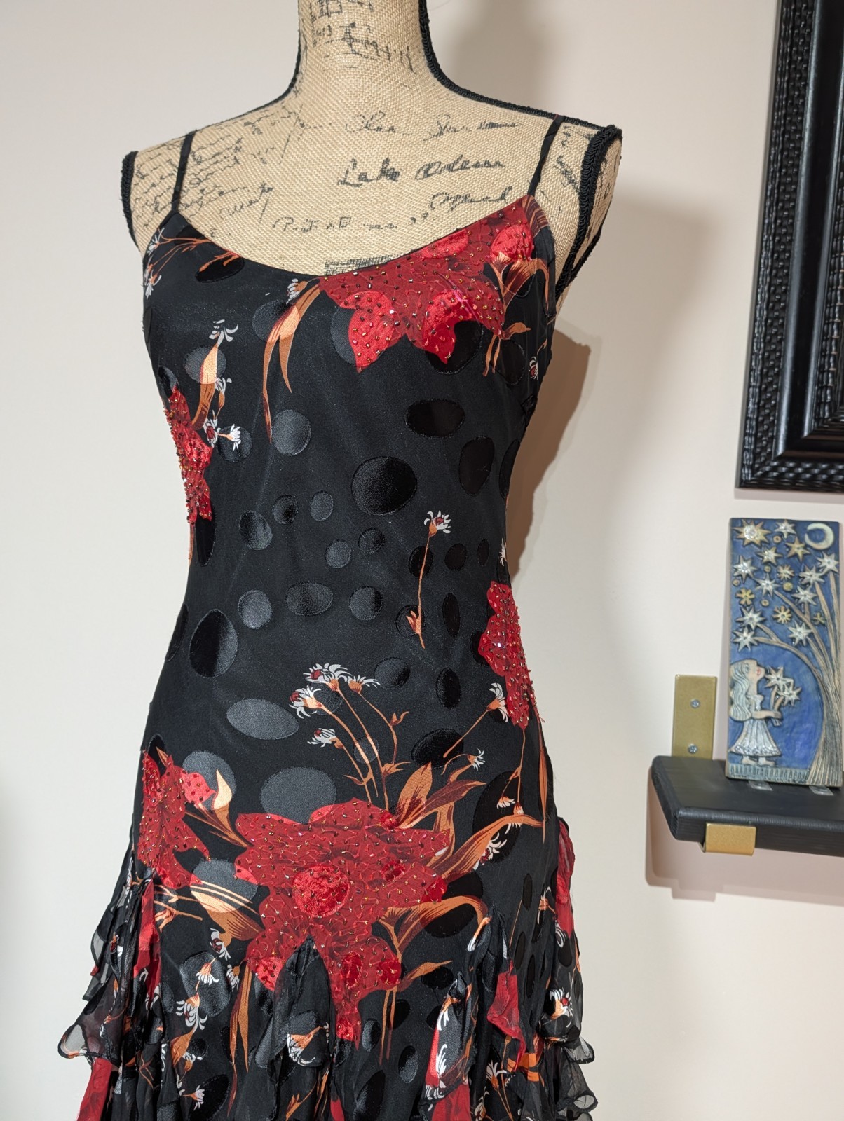 90s Y2K Yve 100% Silk Beaded Devore Slip Dress Size Medium Whimsigoth