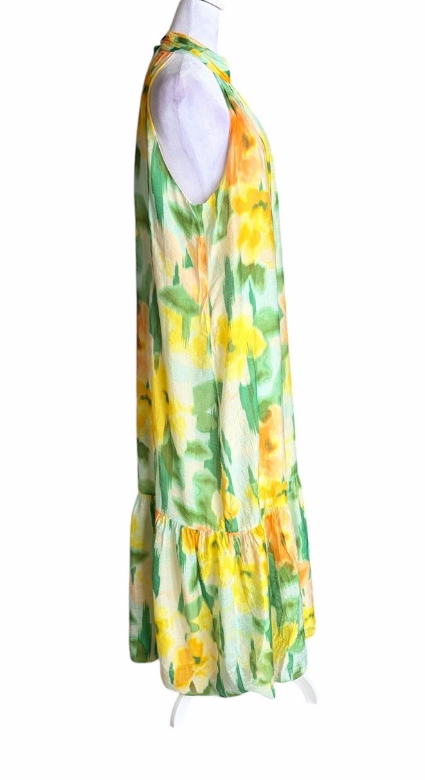 1. STATE Green Yellow Orange White Floral Halter Maxi Dress Ruffle Hem Size L