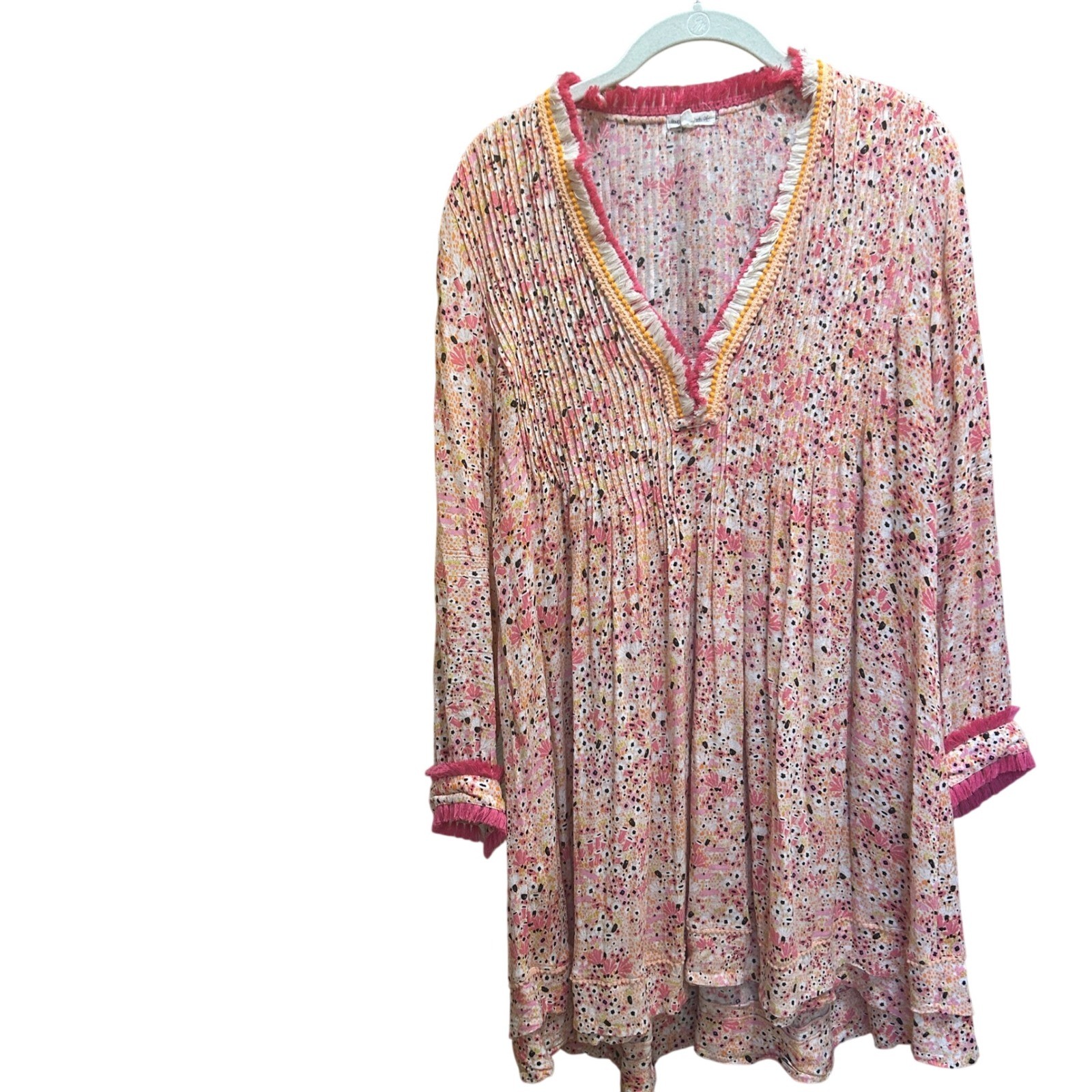 Poupette St Barth Mini Dress M Pink Orange Floral Fringe Pintuck V-Neck Boho