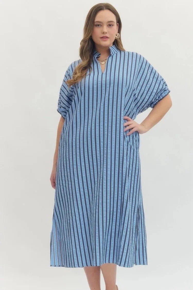 Entro Everyday Ease Seersucker Blue Stripe Dress w/ Stand Collar XL