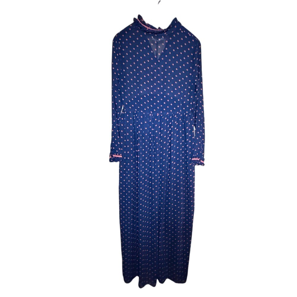 NWT Q2 Collection navy polka dot maxi dress tie neck romantic cottagecore dress