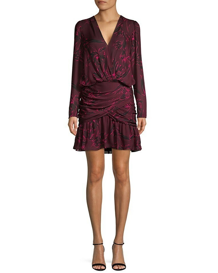 A.L.C. Floral Long sleeve V-Neck Ruched Silk Mini Dress, Size 0 ($595)