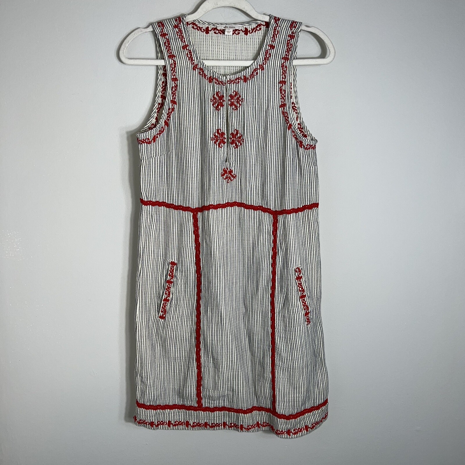 Ella Moss Sleeveless Shift Dress-Gray Tan Stripes-Red Embroidery-Cotton-Small