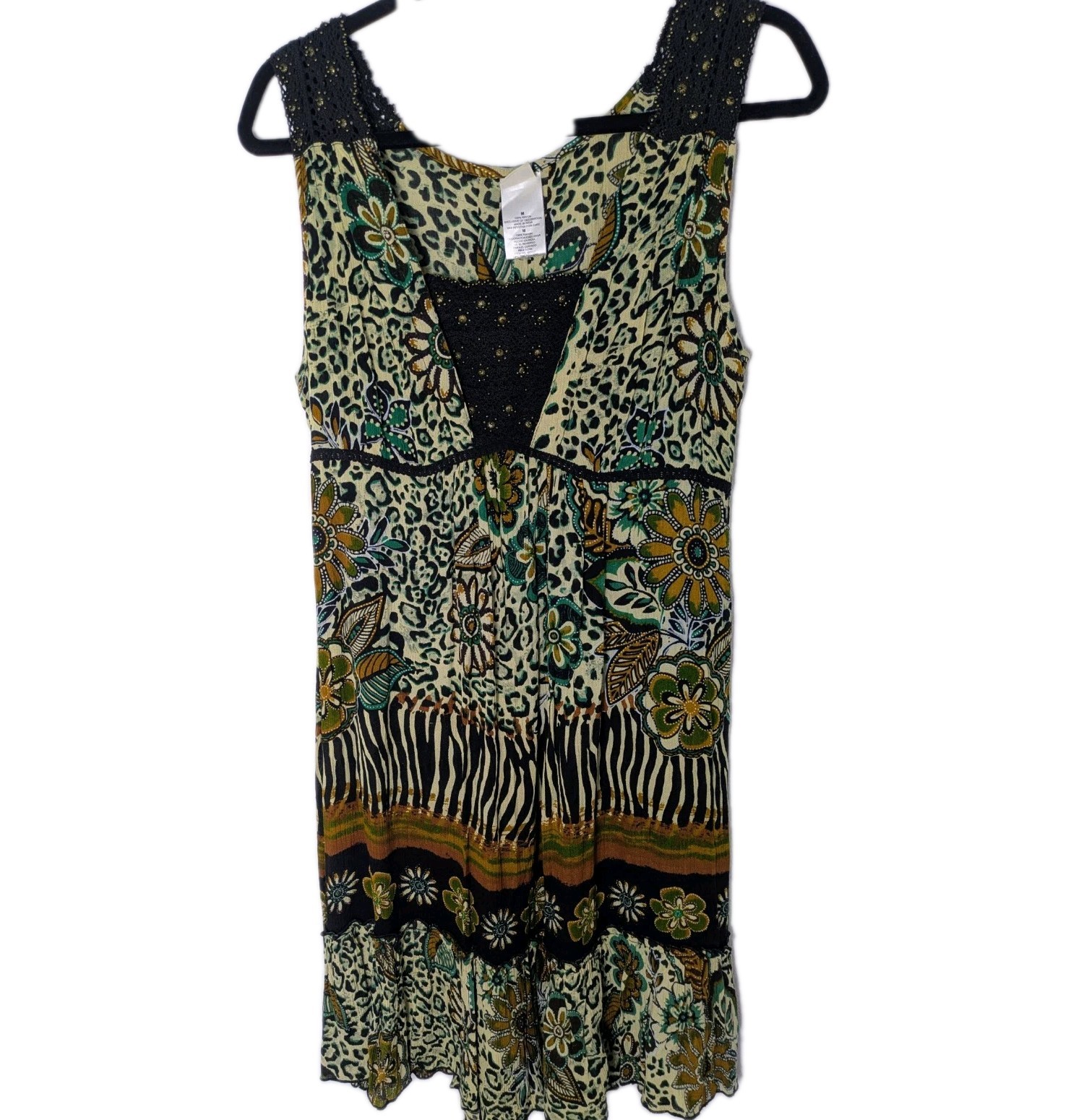 Forbidden Womens Dress Sz M Floral Animal Beaded Sleeveless 100% Rayon Boho New