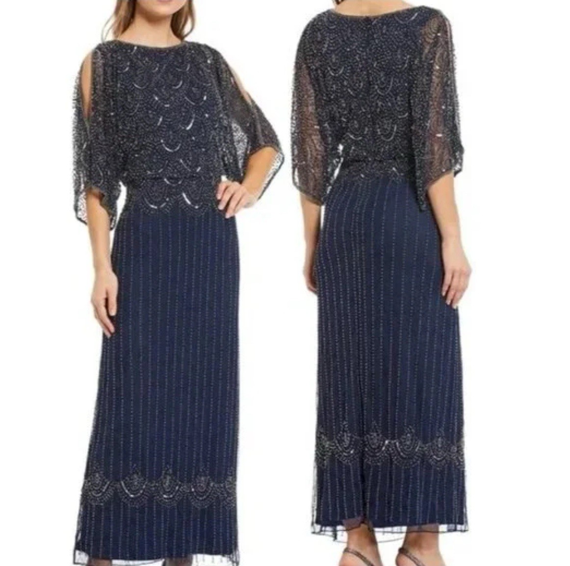 Pisarro Nights Size 16 Beads Blouson Gown Cold Shoulder 3/4 Split Sleeve NavyNWT