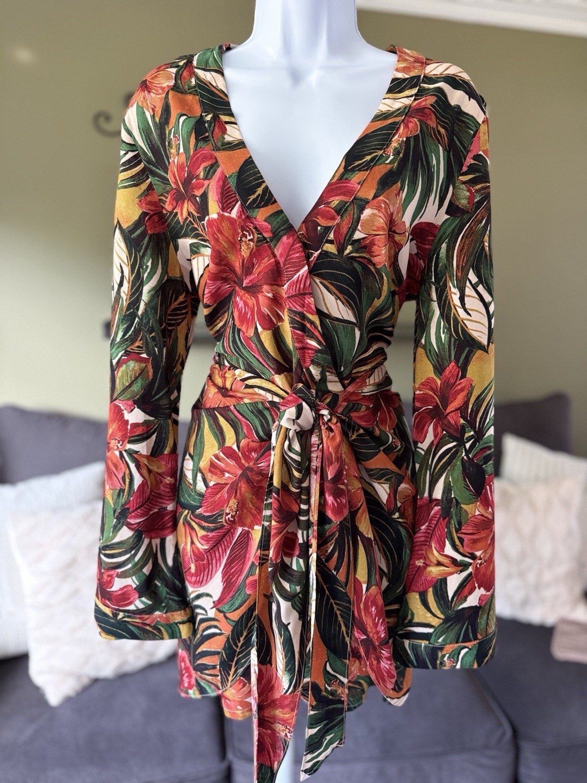 VICI Multicolor Tropical Floral V-Neck Tie Waist Romper Women L Rayon Linen