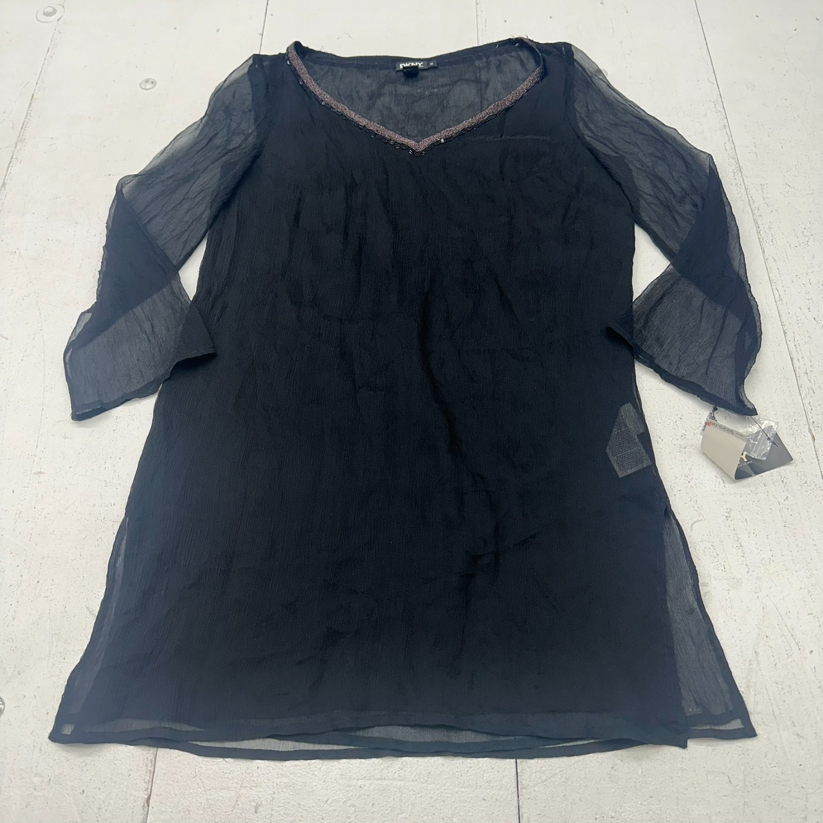DKNY Black Silk Long Sleeve V Neck Semi Sheer Dress Women’s Size 10 NEW Defect