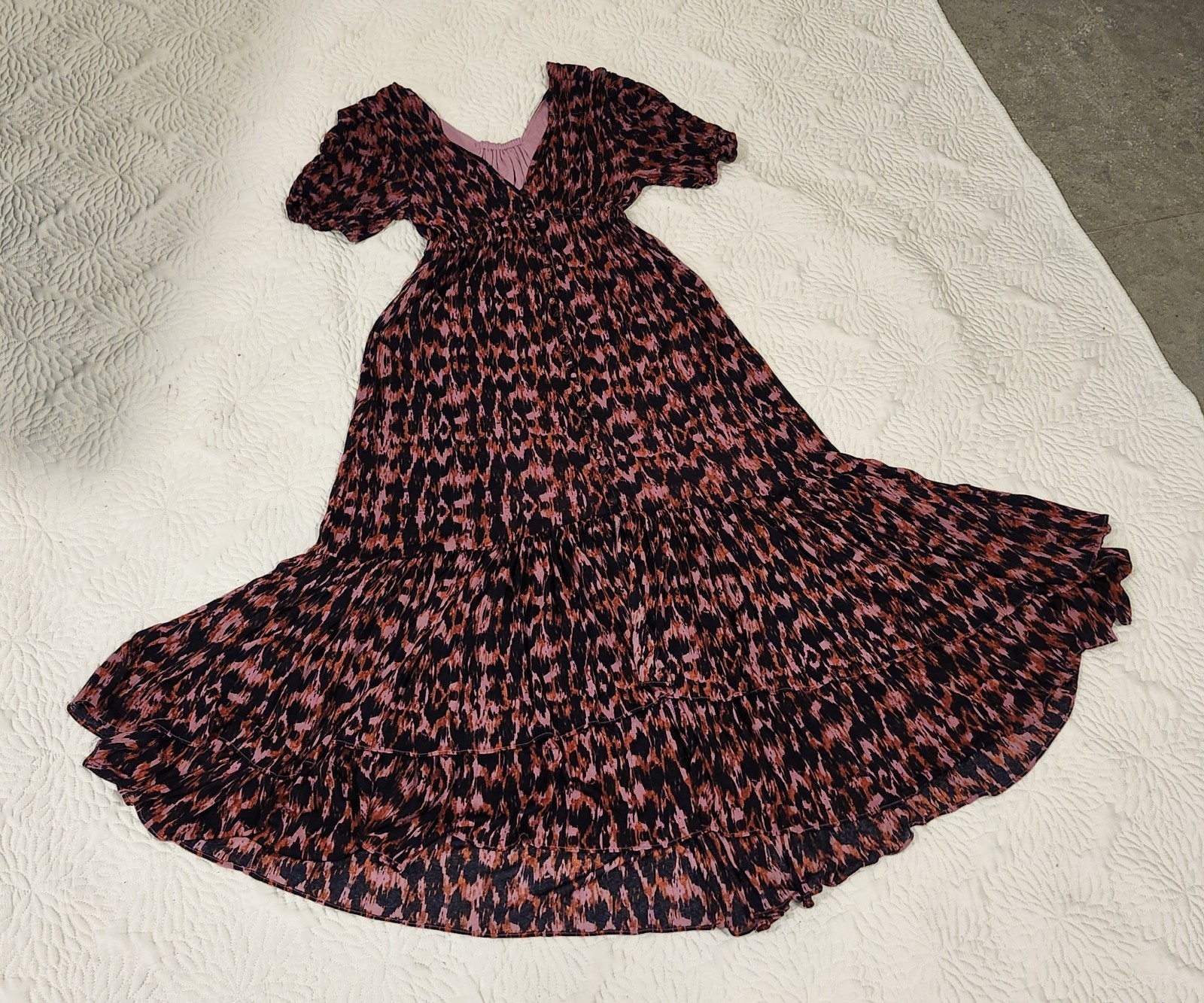 Anthropologie Purple Printed Ruched-Sleeve Mesh Lined Maxi Dress Petites Sz S