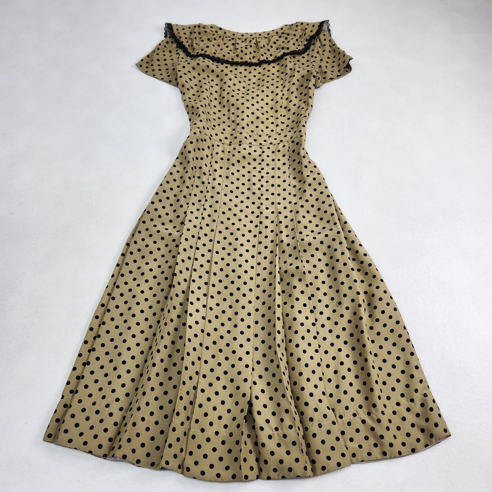 PRADA Long Dress Flared Retro Dot Pattern Frill Collar Size 40 L