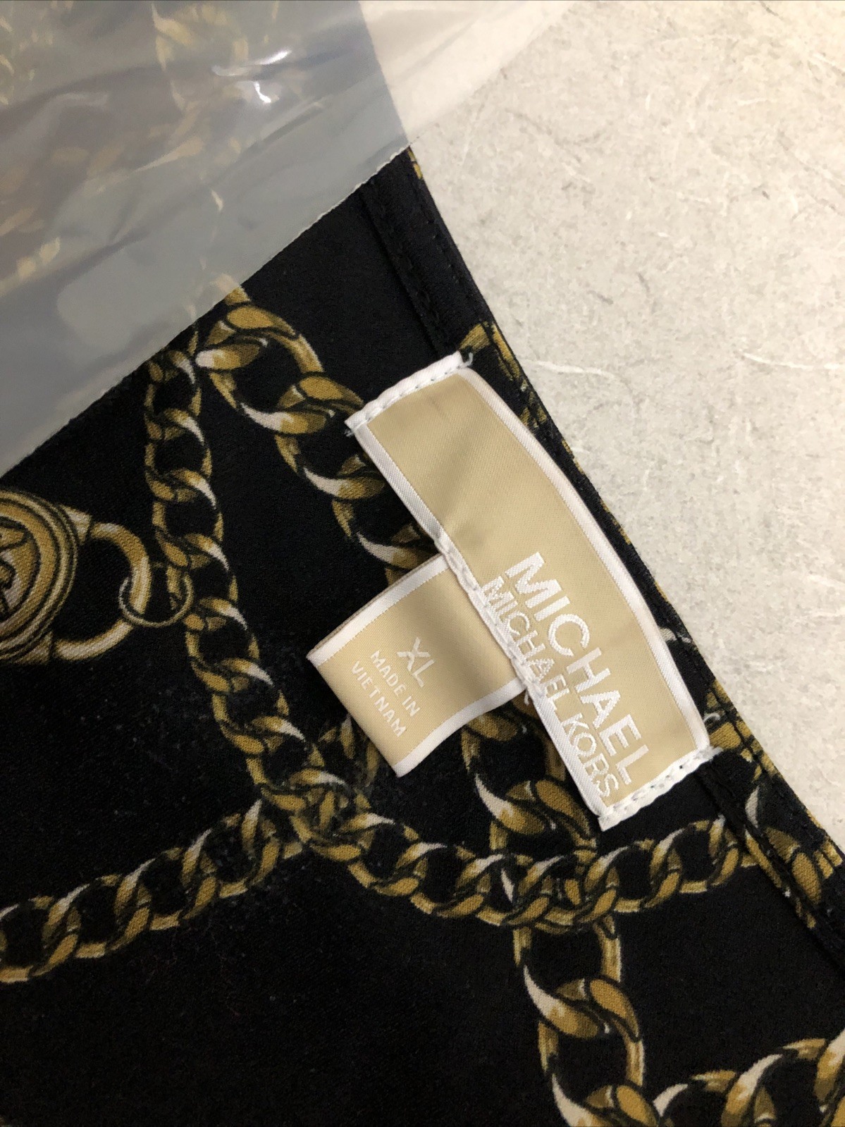 MICHAEL KORS Black/Gold Chains Print Roll Tab Sleeve Dress Size XL