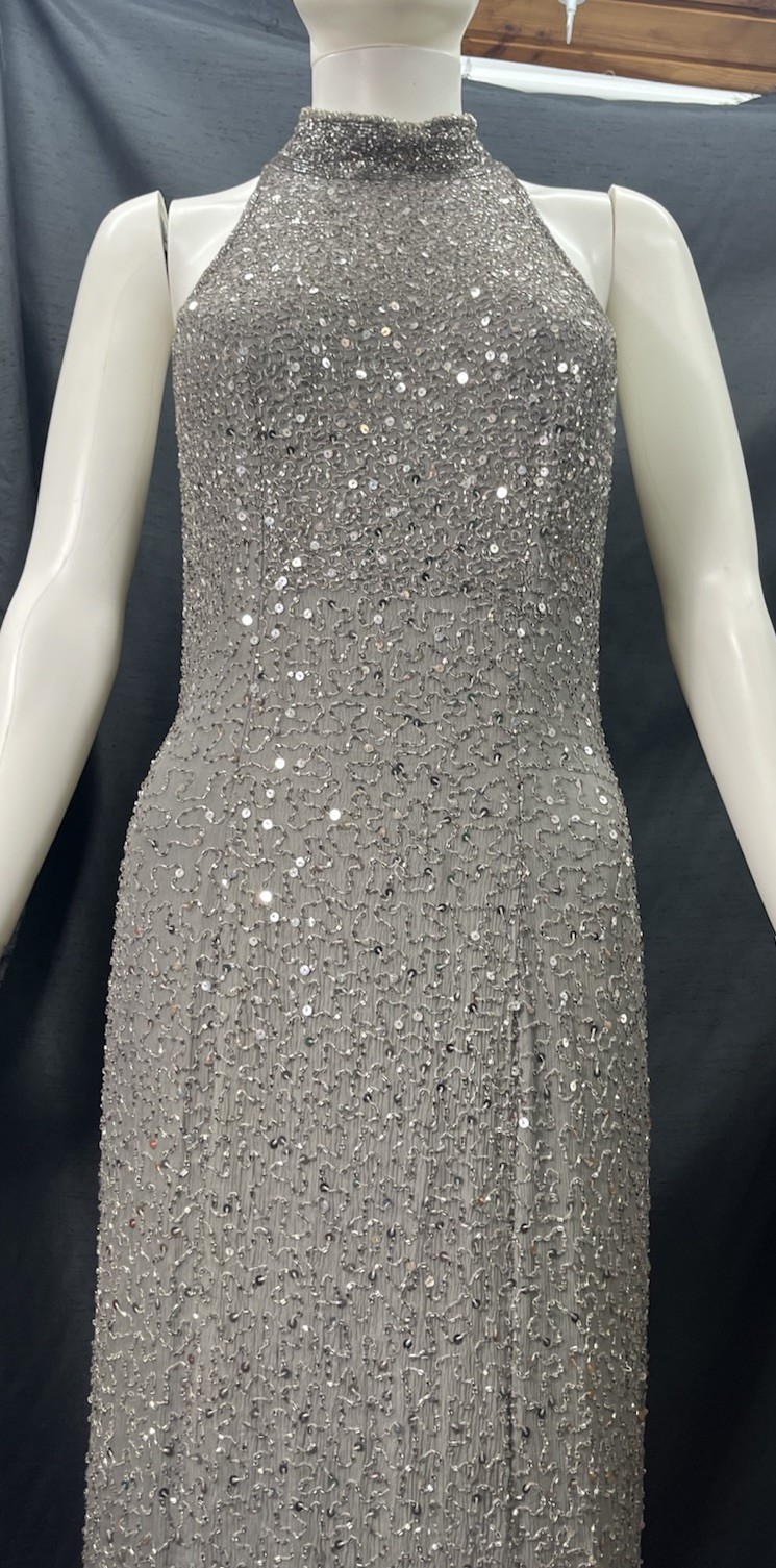 Creative Creations Beaded Silk Gown Dress Gray Sleeveless Long Sz Like S Heavy