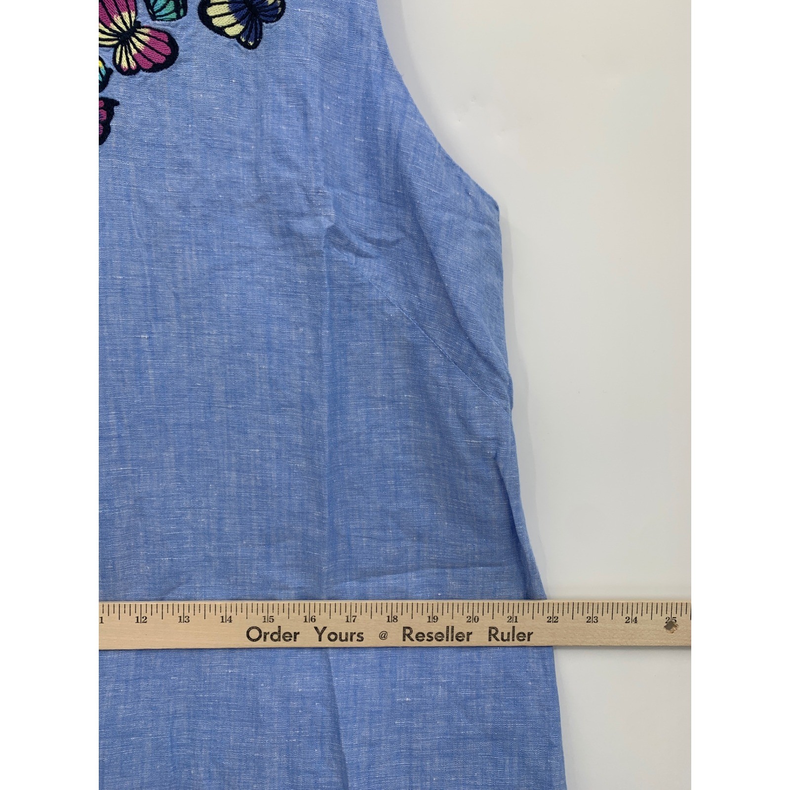 Talbots Dress 16 Petite Blue Butterfly Embroidered Linen Cotton Sleeveless