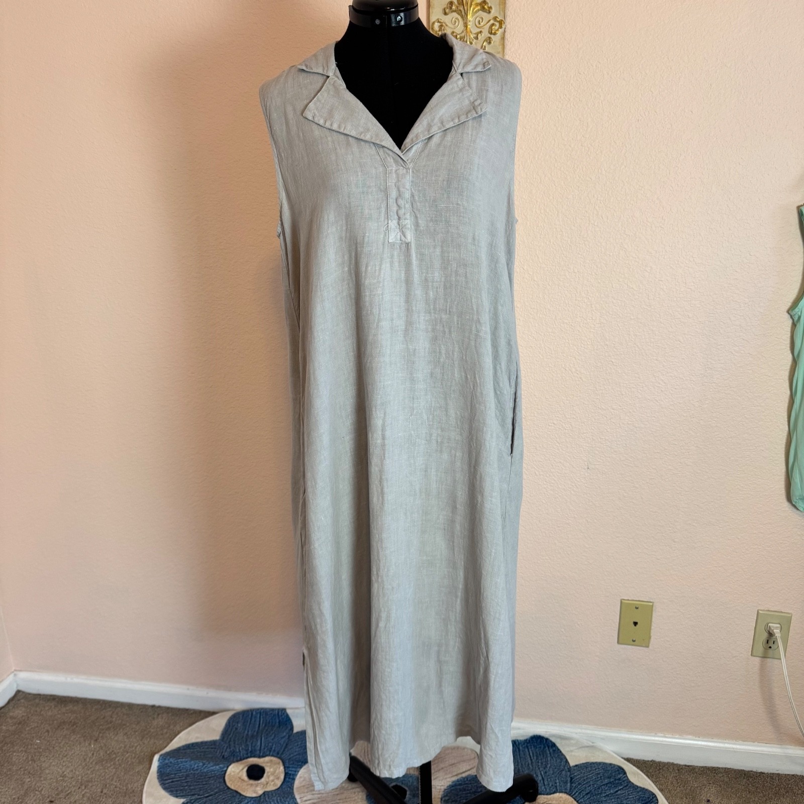 Pure Match Dress Maxi M Gray Linen Shift Sleeveless Coastal Beach USA Sundress