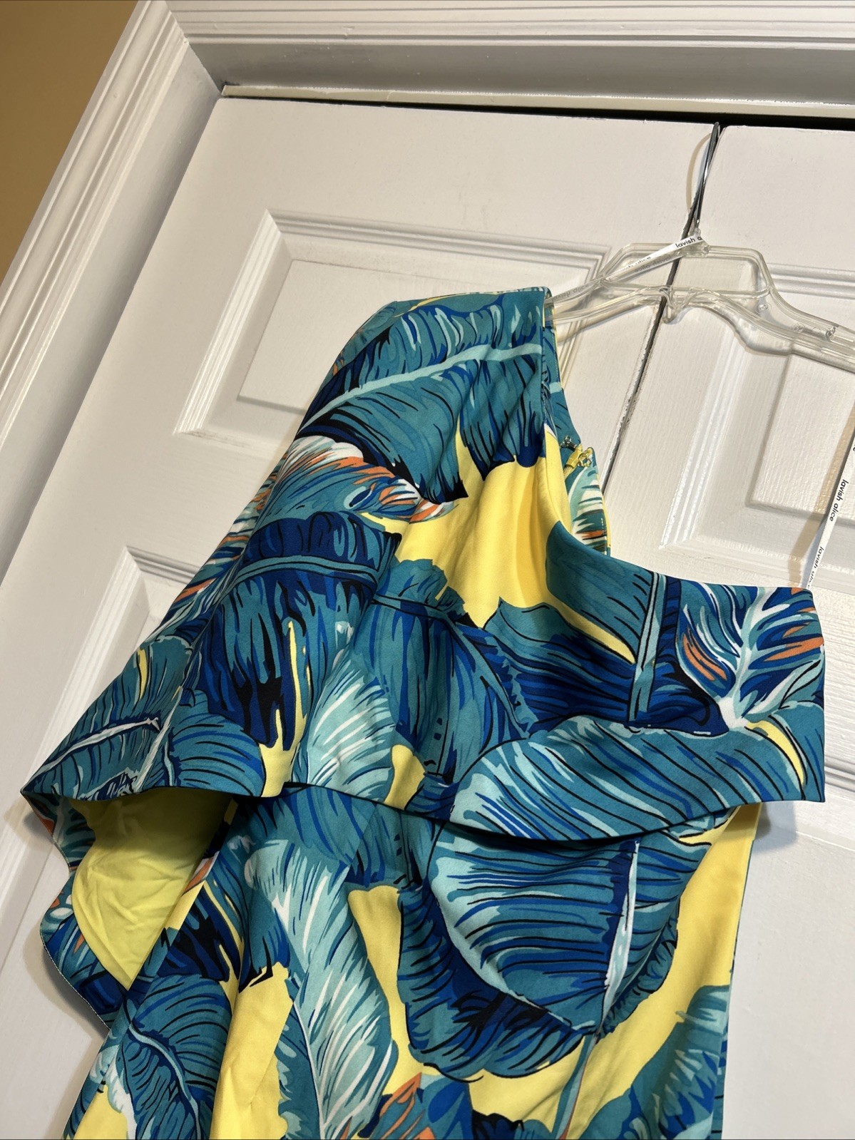 NWT *FLAW* Lavish Alice One Shoulder Cape Midi Dress Yellow Blue Palm Print Sz 4