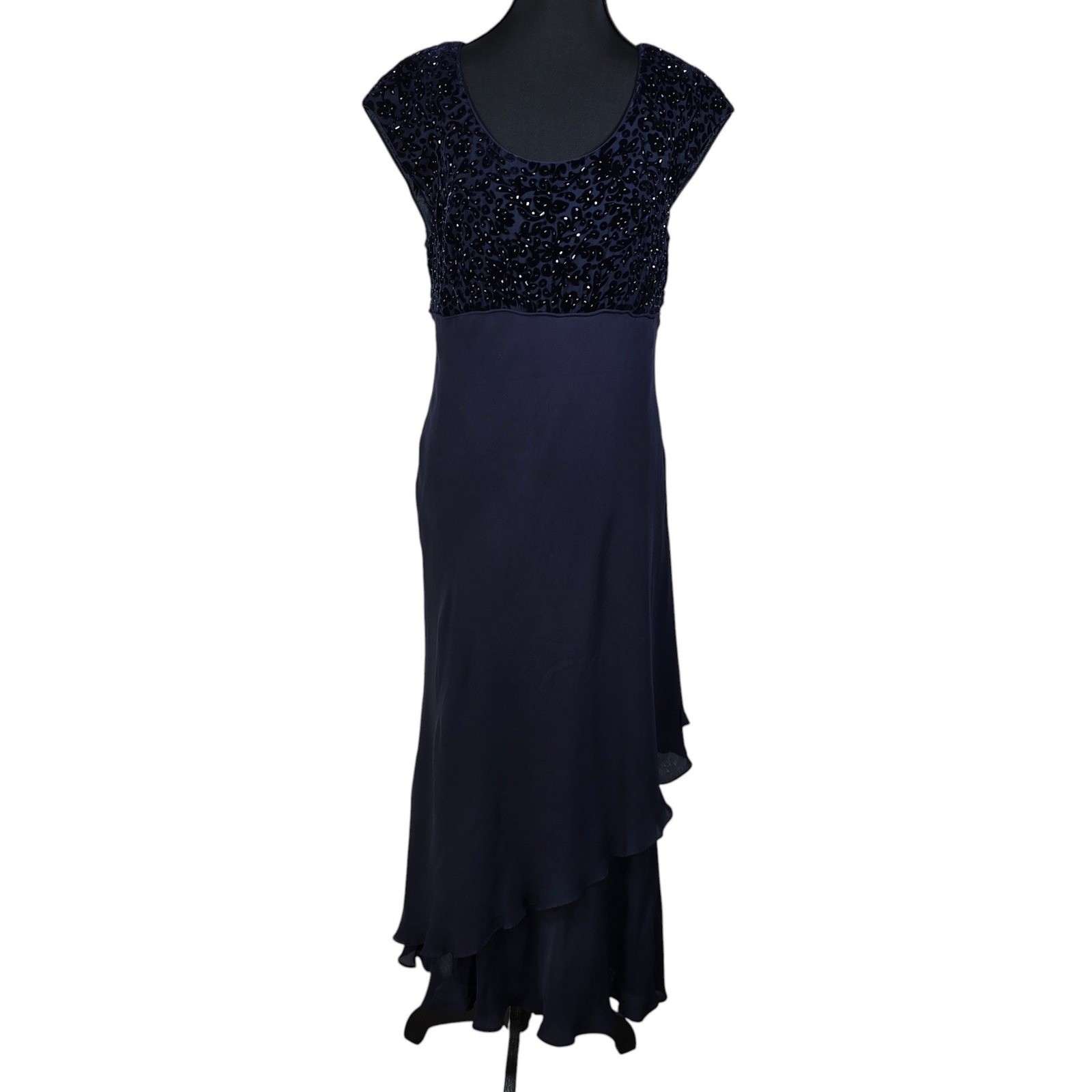 Talbots Petites Navy Blue Silk Blend Velvet Beaded Tiered Evening Gown Dress 14P