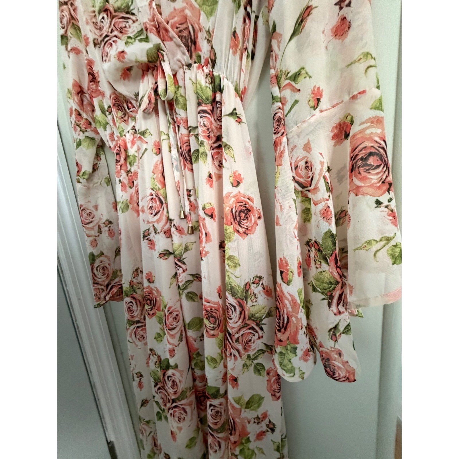 Maria Gabrielle Pink Rose Floral Chiffon MaxiDress BellSleeve HandkerchiefHem L