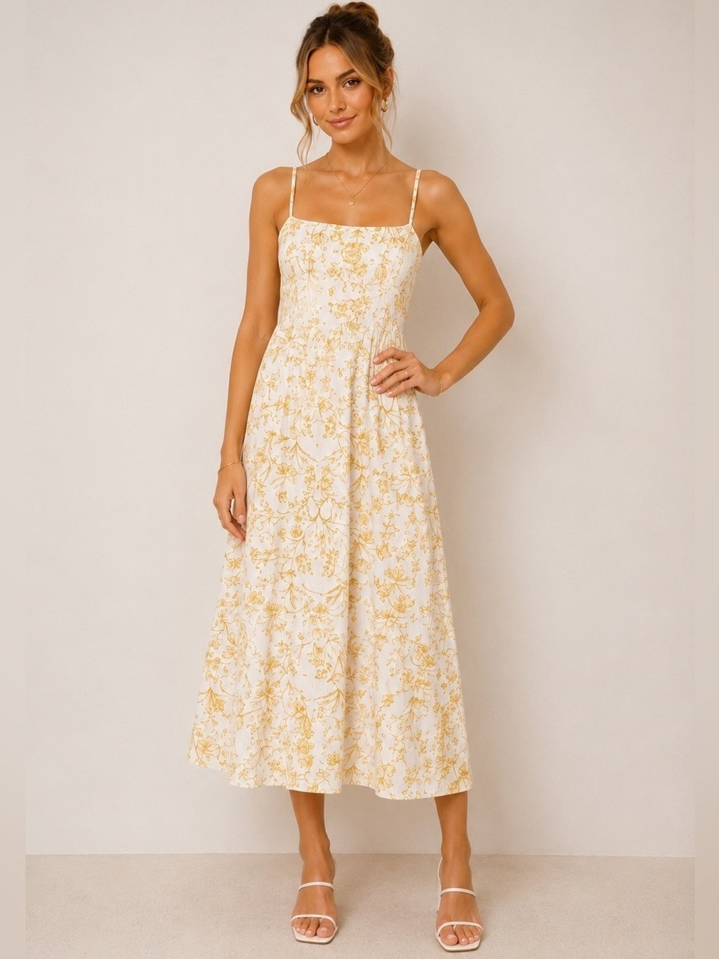 1. STATE Linen Blend Floral Midi Dress XS Smocked Back Cottagecore