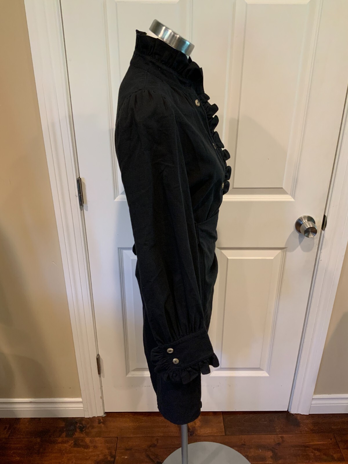 Goen.J Black Asymmetrical Button-Up Ruffle Shirt Dress W/ Tie, Size 6