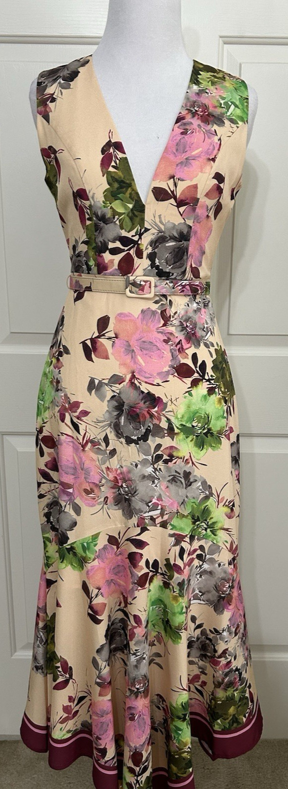 NWT Belle Badgley Mischka sz 0 tan pink Floral sleeveless long Aline Dress $249