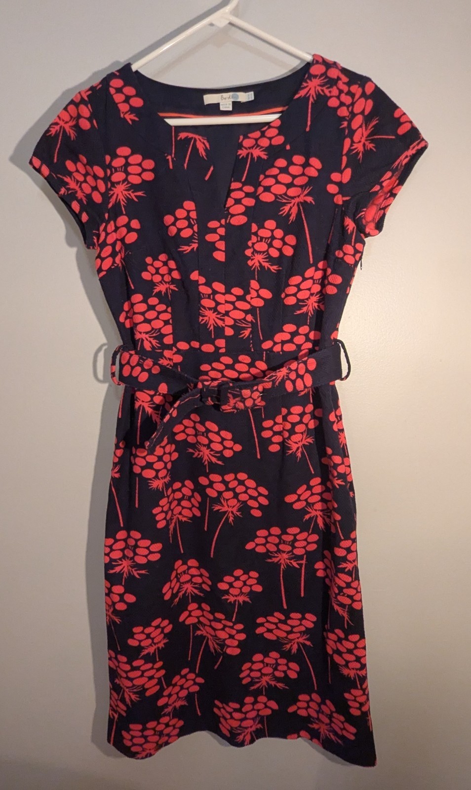 Boden Navy Pink Floral Sheath Dress Belted Split Neck Cap Sleeve Knee US 6L