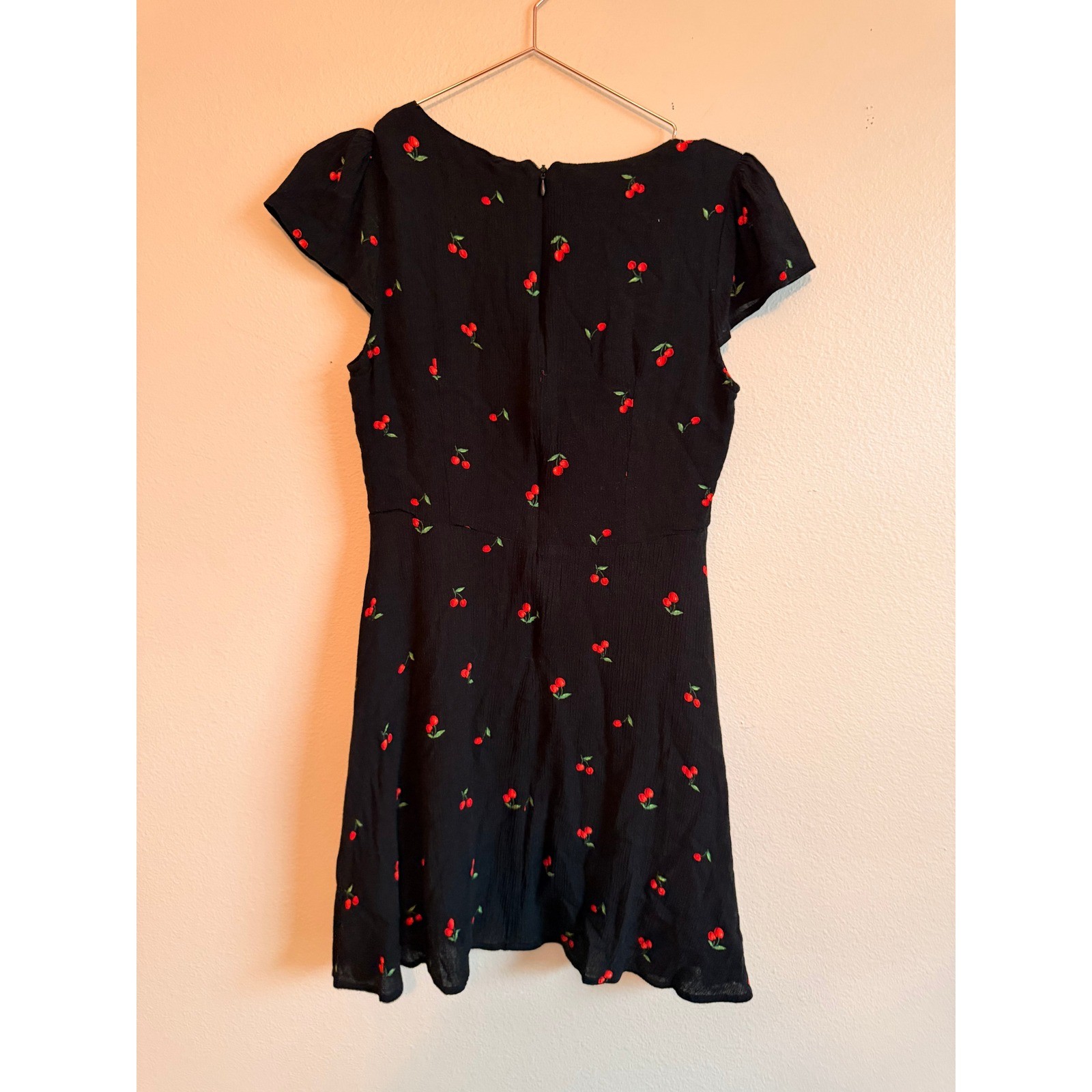 Lulus Mini Dress Women Medium Black Cherry Print Cherish You Surplice Flutter