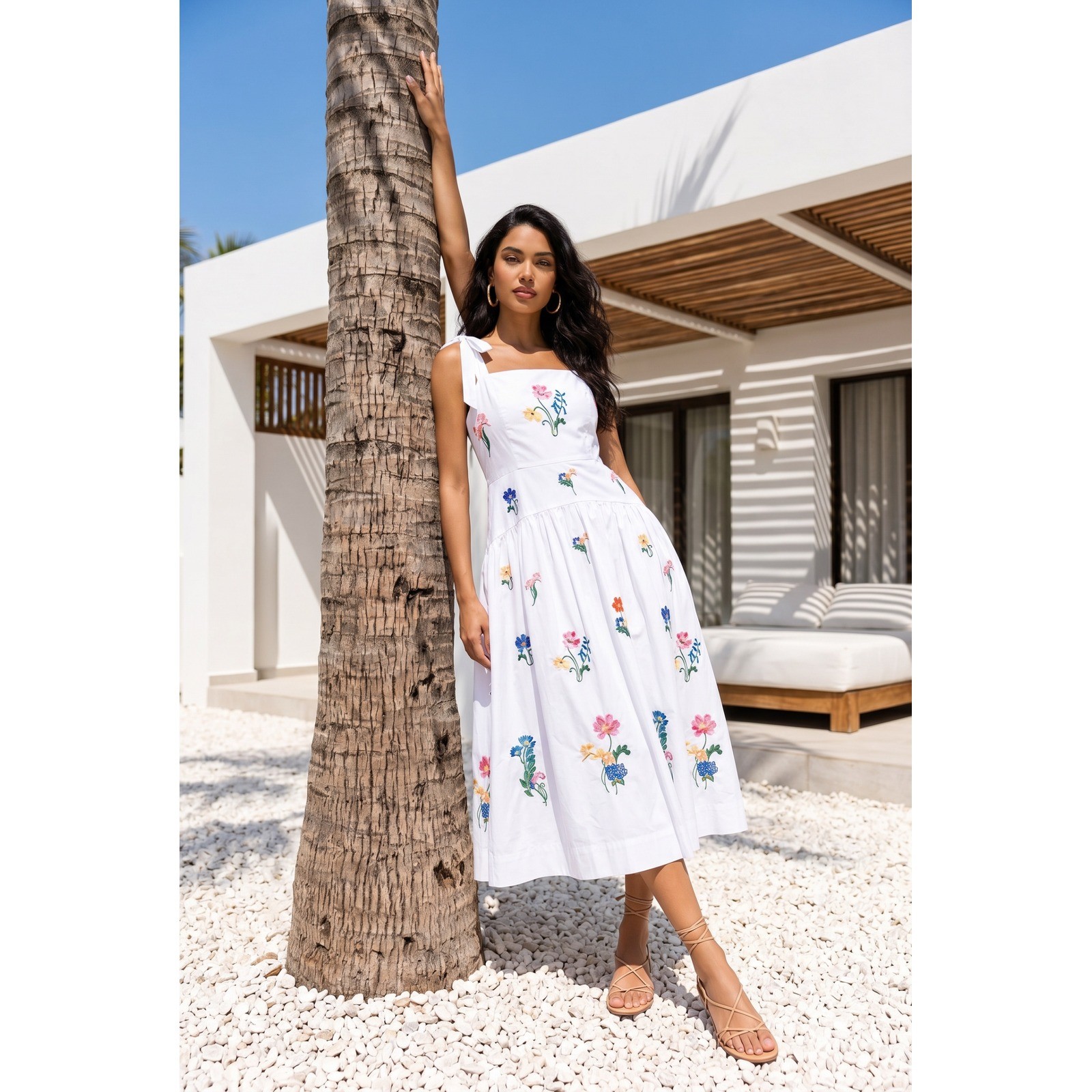 Free Assembly Emby Strappy Midi Dress White Floral Embroidered Cotton XL 16-18