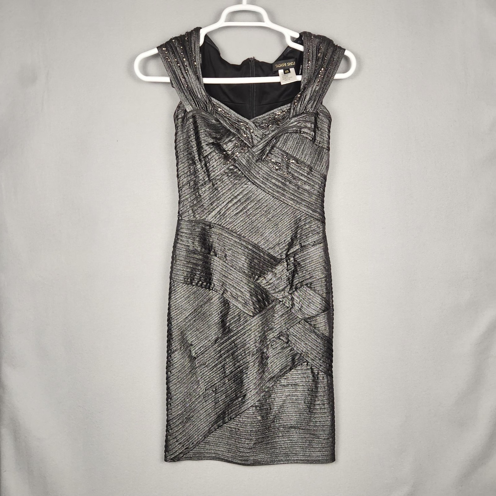 Tadashi Shoji Dress Womens XS Metallic Silver Black Cocktail Sheath Beaded Party