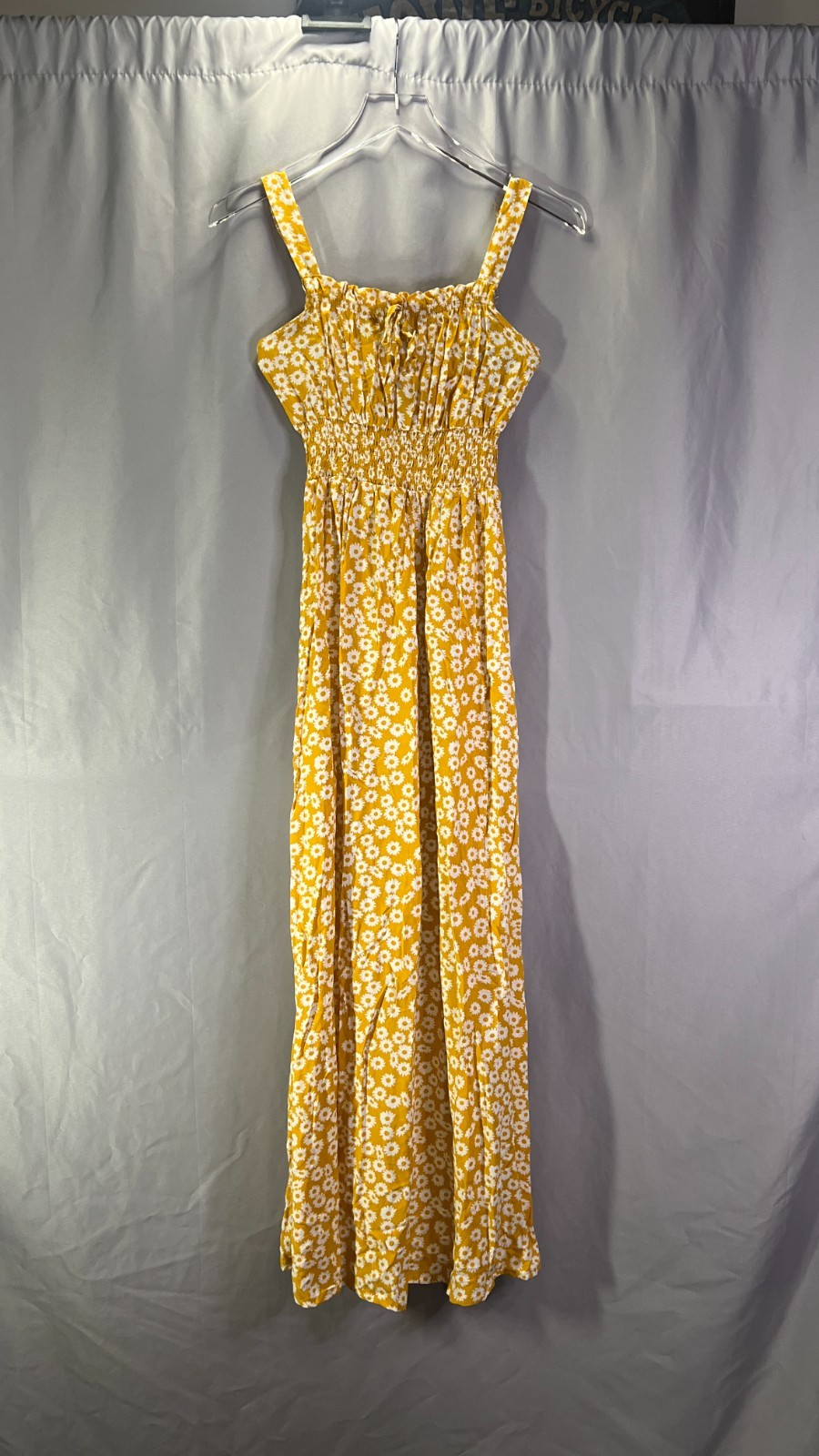 J For Justify Maxi Dress Womens Small Yellow Rayon Ditsy Floral Smocked Bodice