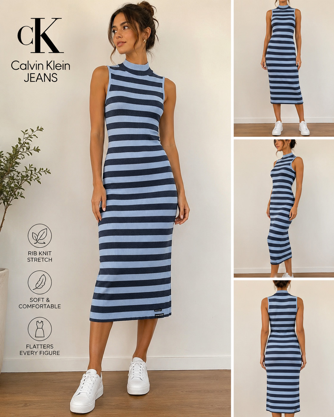 Calvin Klein Jeans XS Sleeveless Rib Knit Striped Midi Dress Blue Gray Mock Neck