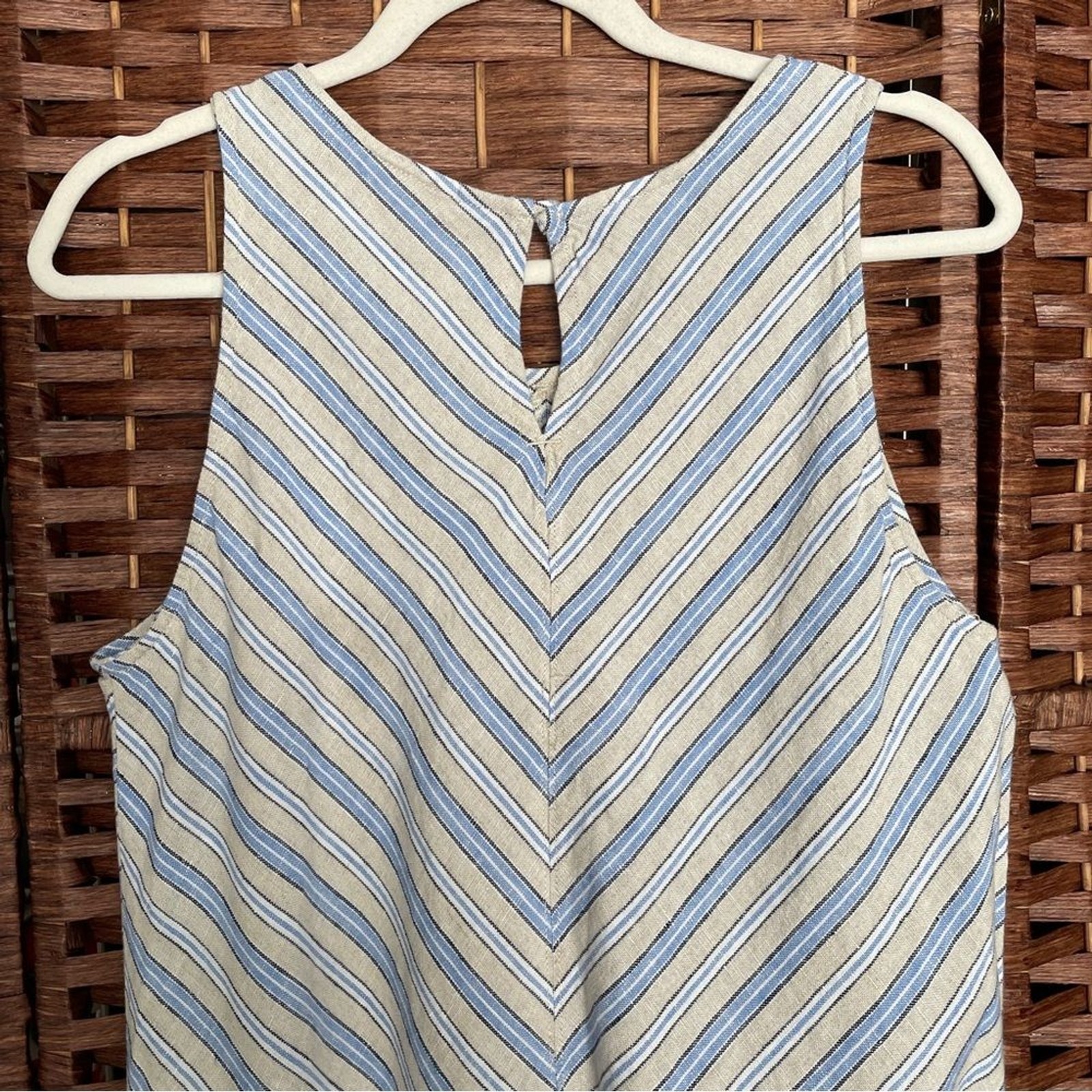 Lands’ End Sleeveless Striped Midi Dress 100% Linen Nautical Sailor Cruise, M.