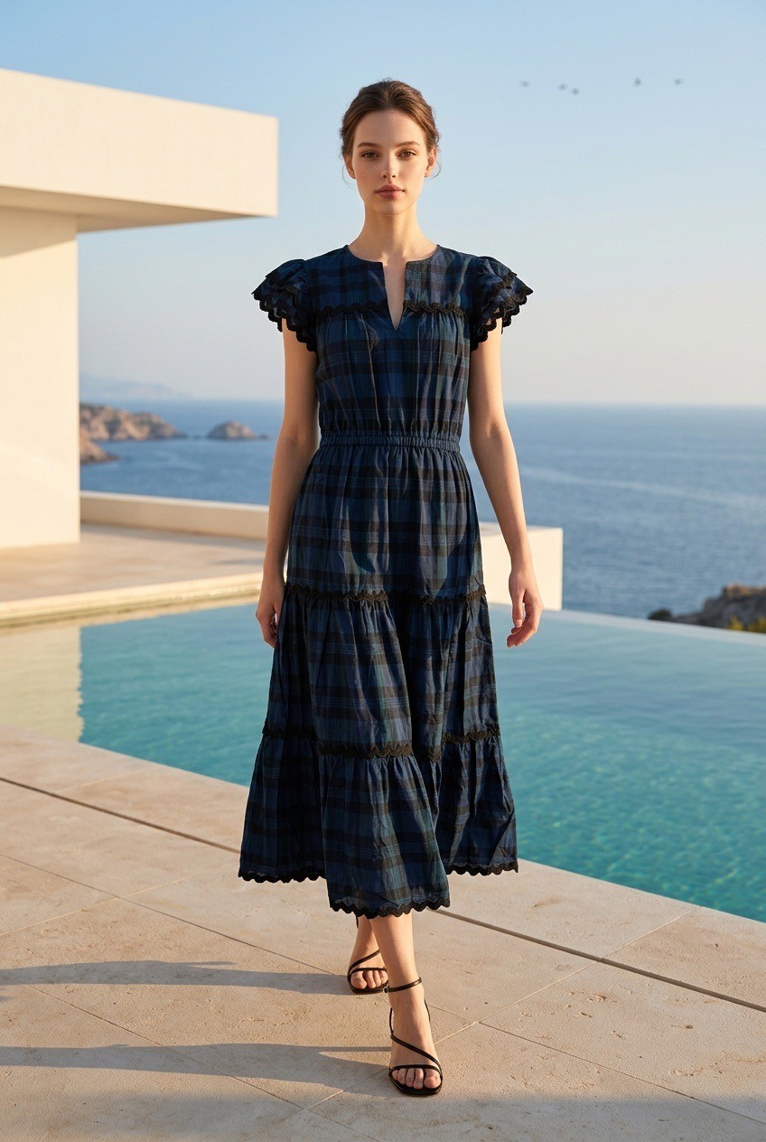 NWT STS Sail to Sable Blackwatch Plaid Cotton Tiered Maxi Dress S