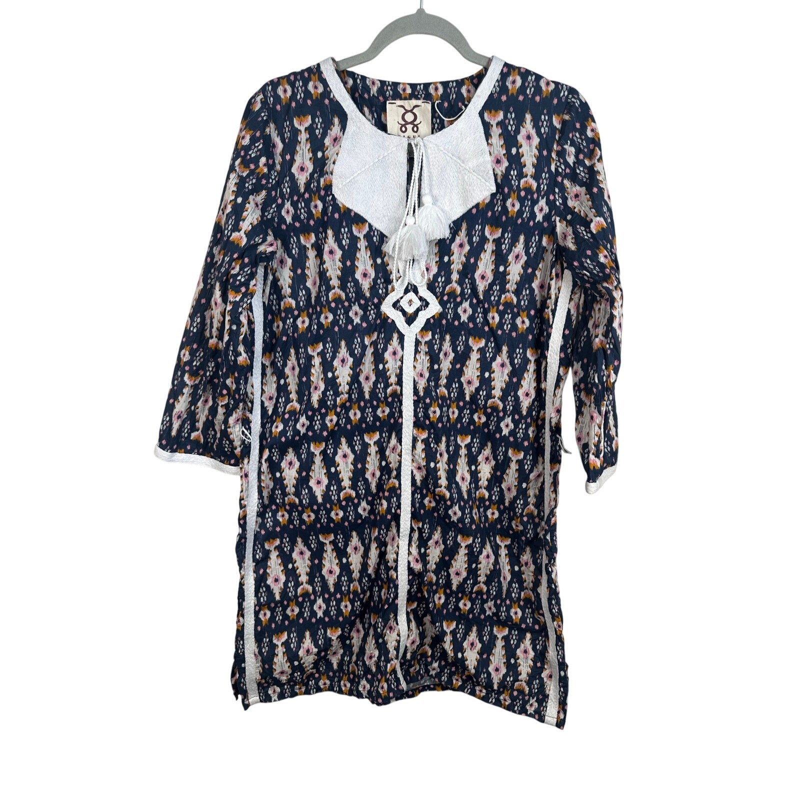 FIGUE Ella Tassel Ikat Mini Dress Tunic Boho Crochet Trim Pom Pink Blue Large
