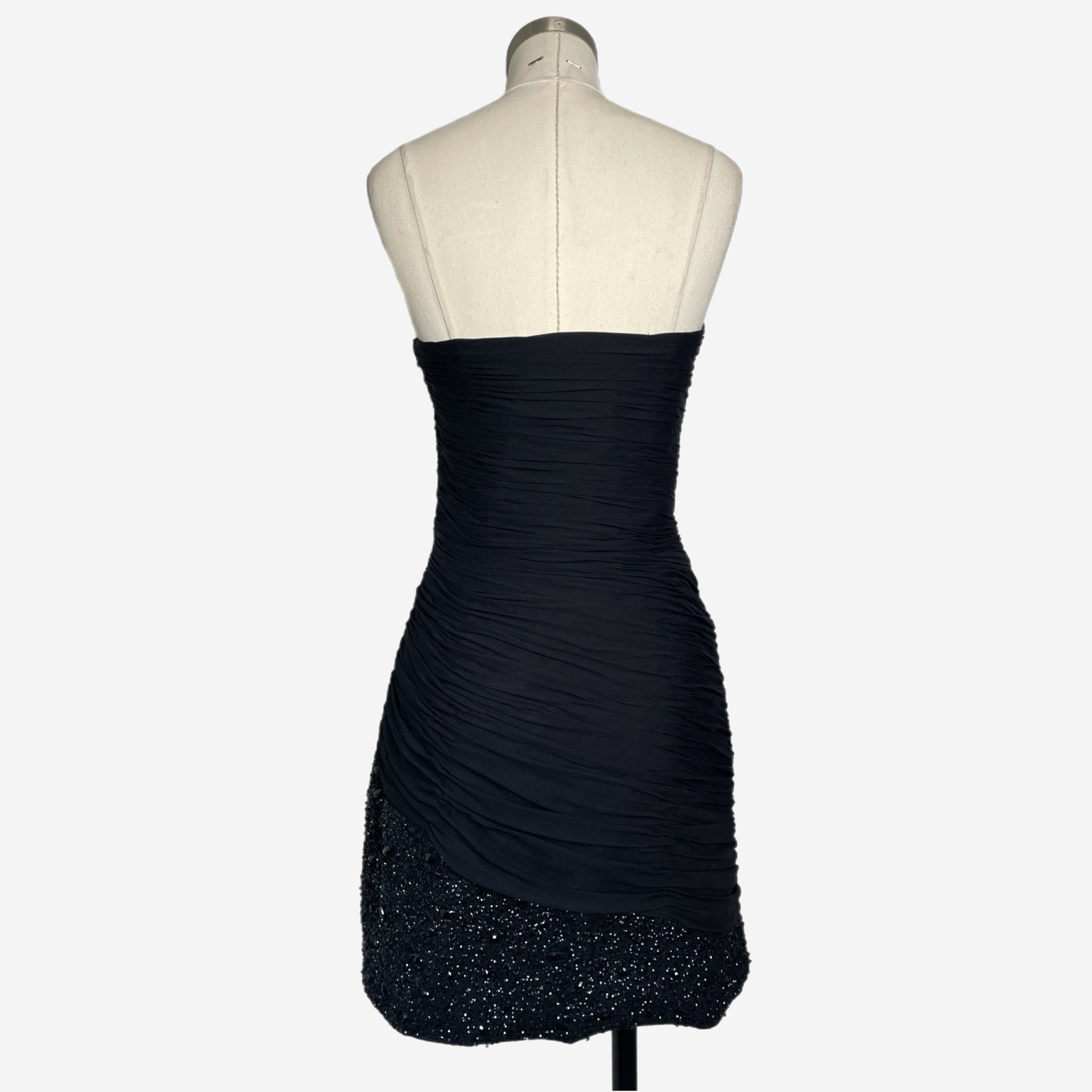 Basix II Black ruched pleated silk sequin beaded strapless mini dress formal S