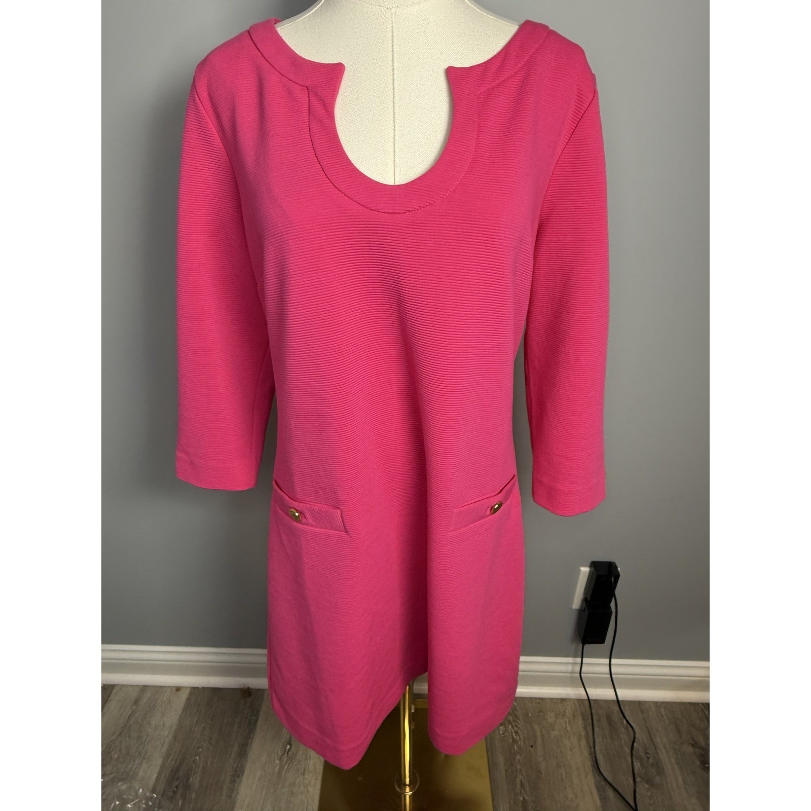 Lilly Pulitzer Pink Textured Knit Shift Dress XL Gold Zipper 3/4 Sleeve
