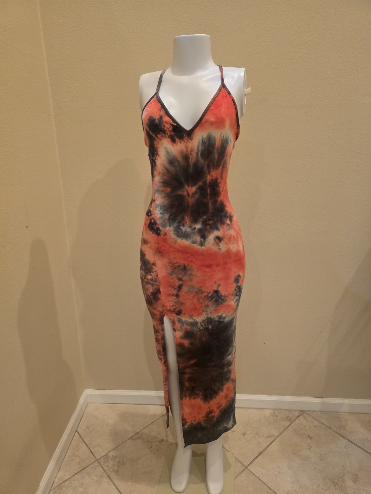 Orange Black White Tie Dye Strappy V-Neck Bodycon Maxi Dress Stretch Size S