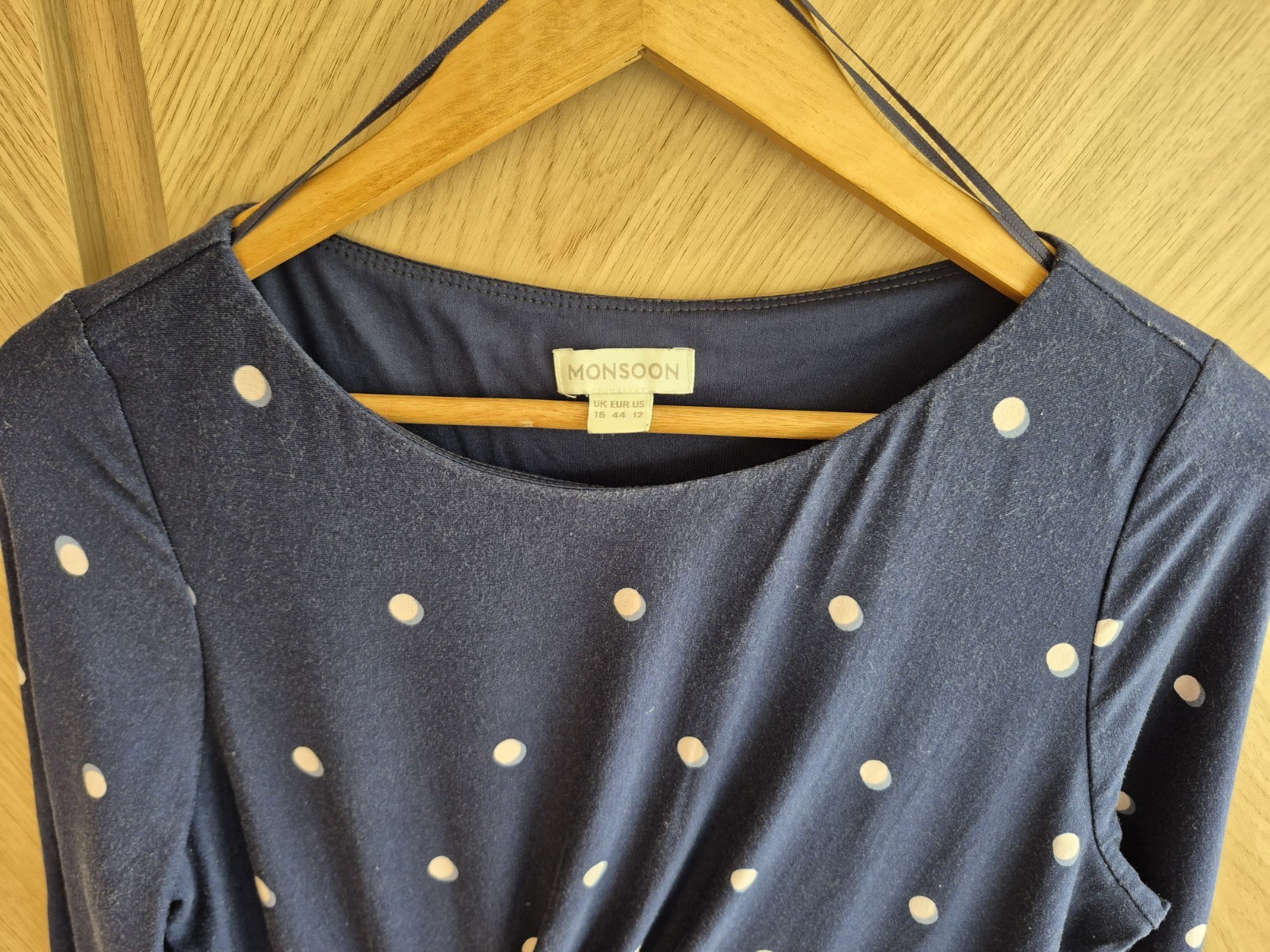 Beautiful Monsoon navy blue spotty jersey tunic dress size 16 VGC